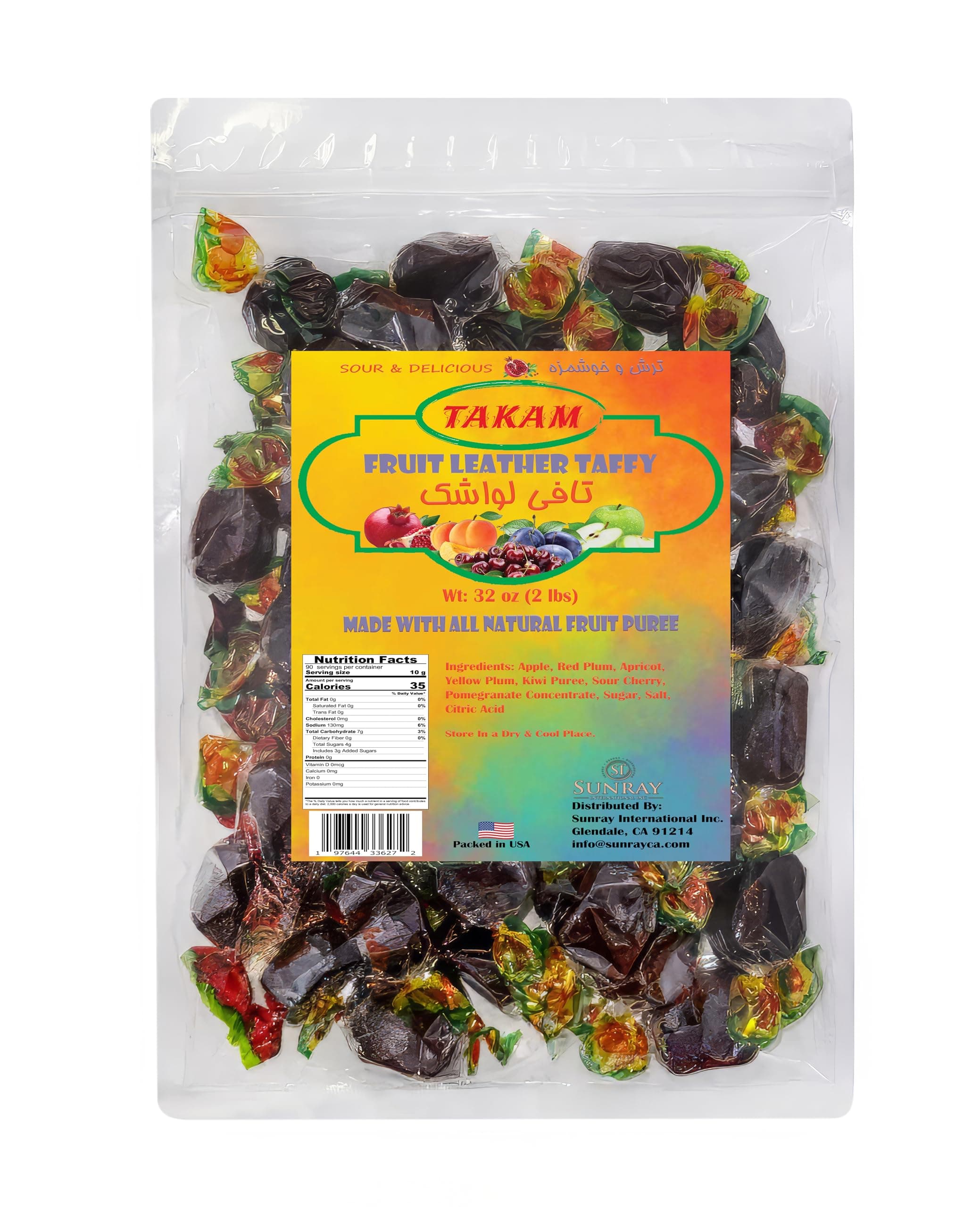 Takam Lavashak Fruit Leather Sour Candy Fruit Snack 32oz Sweet Sour Persian Style Natural Fruit Leather Taffy Bite Size Individually Wrapped in Resealable Bag - 2 Pounds