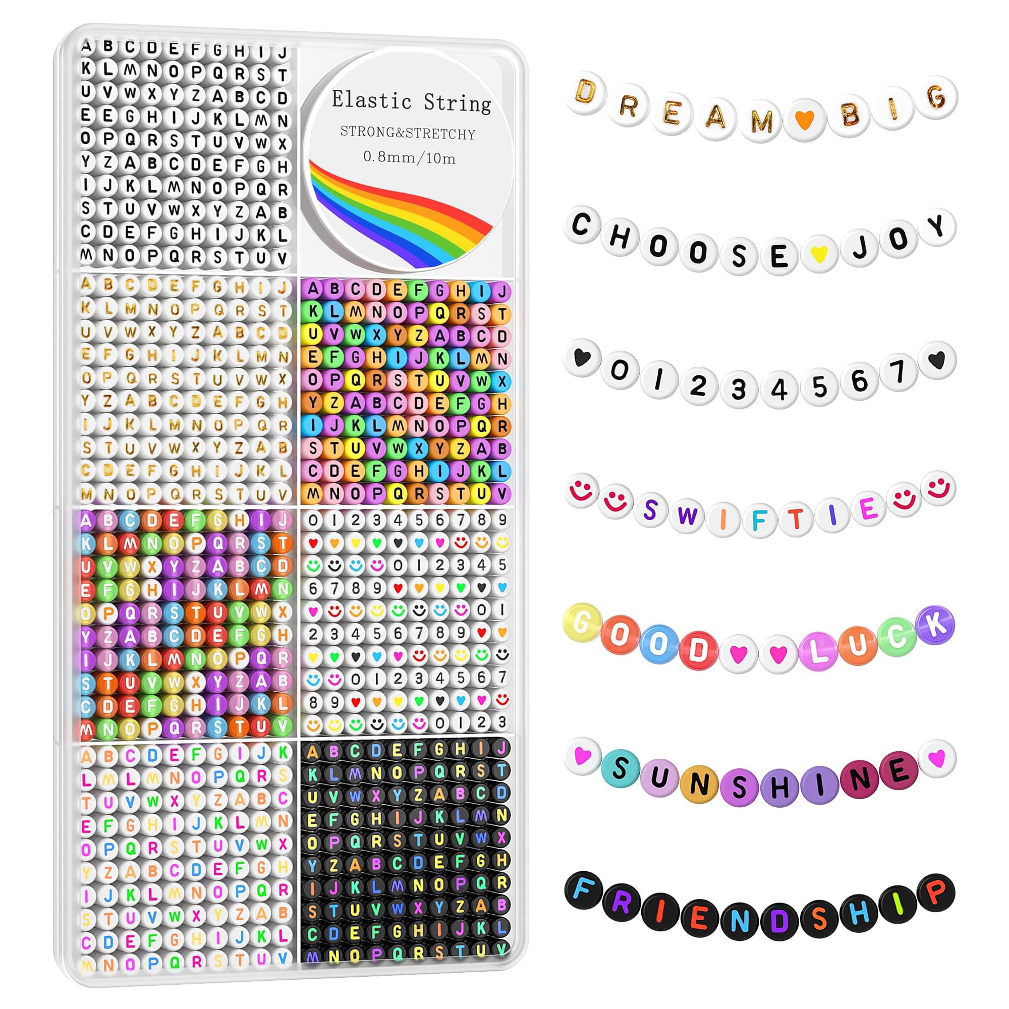 Redtwo 1600 Pcs Letter Beads Kit, 6 Styles of Colorful Alphabet Beads for Bracelet, Number Smiley Face Beads Heart Beads and a Roll of Elastic String for Friendship Bracelet Kit