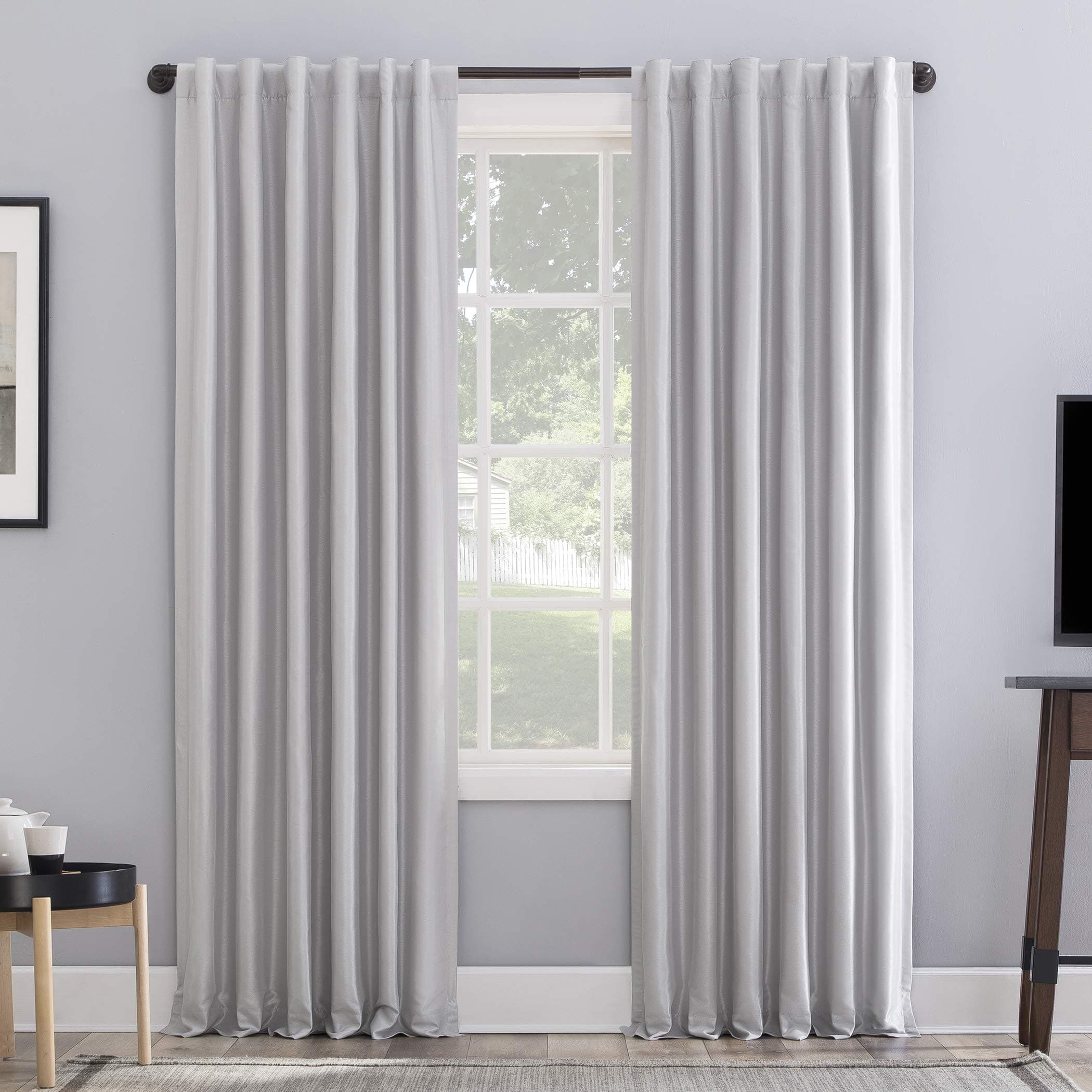 Sun Zero Greyson Faux Dupioni Silk Thermal Extreme Total Blackout Back Tab Curtain Panel, 50" x 84", Chrome Gray