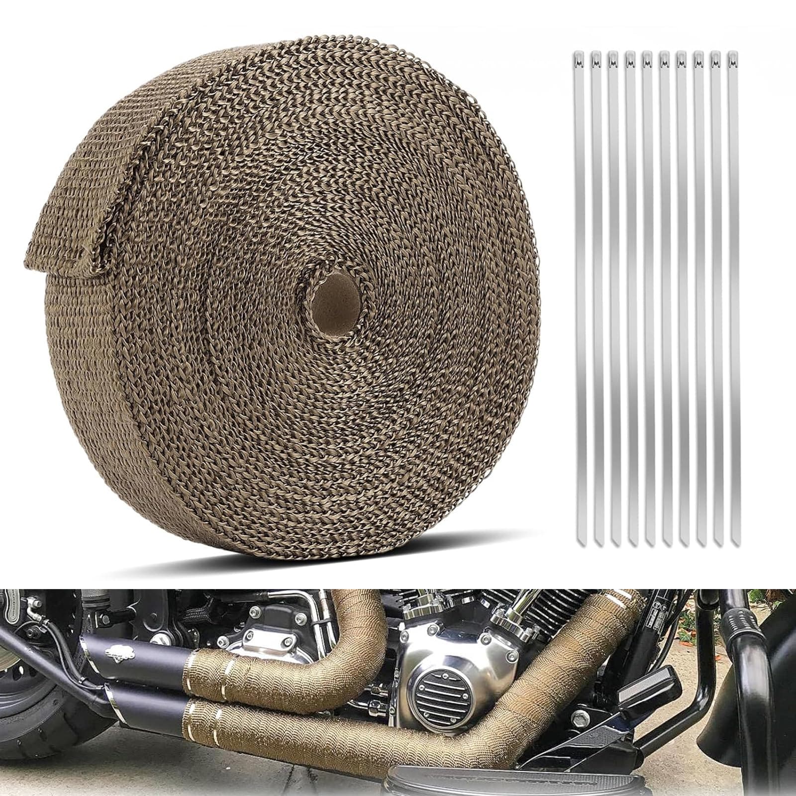 20M*5CM Car Exhaust Wrap Roll Titanium for Car Motorcycle Exhaust Manifold Downpipe Heat Wrap Roll Heat Shield Tape + 10Pcs Stainless Ties