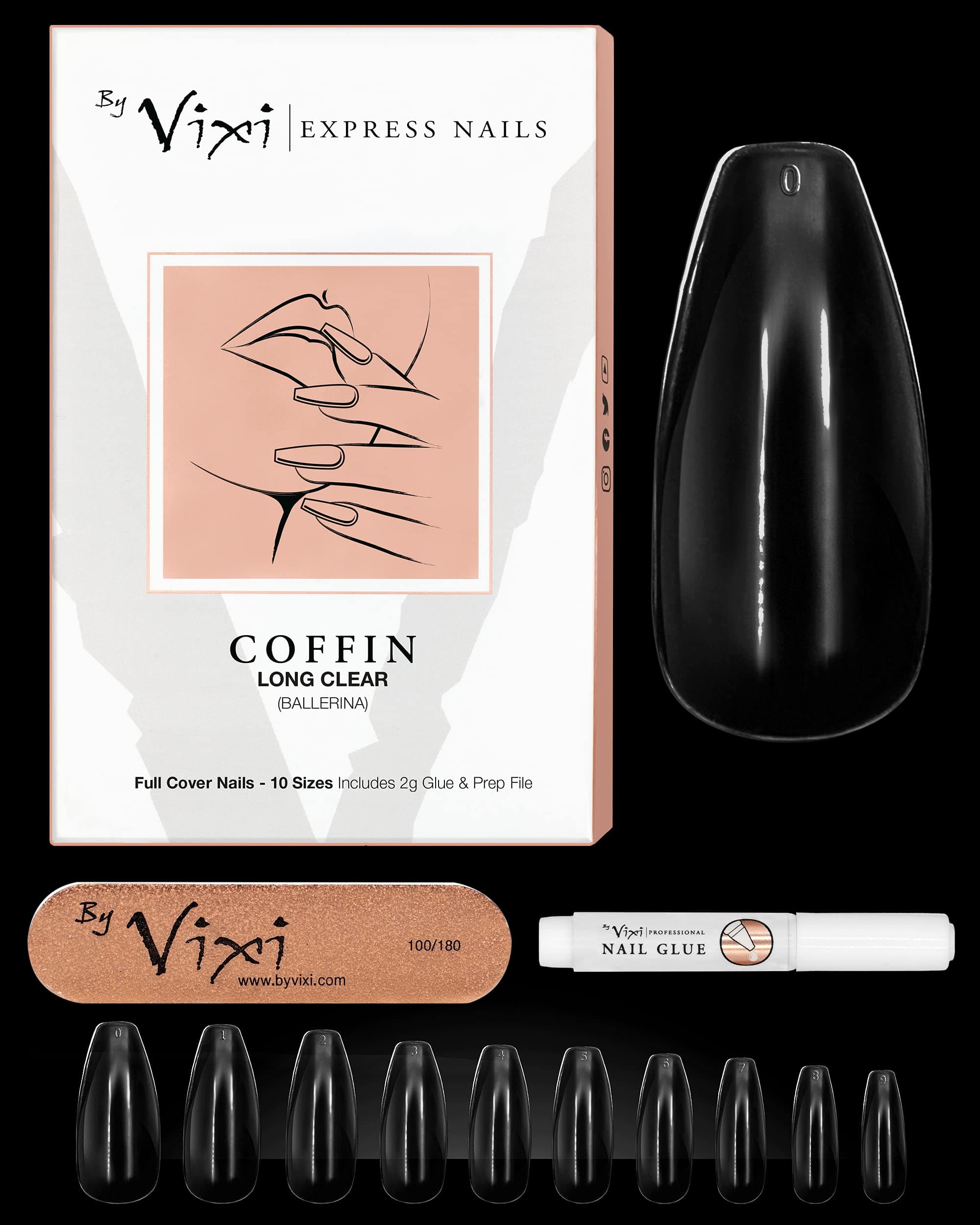 By Vixi50 LONG COFFIN/BALLERINA NAIL SET with FREE GLUE & PREP FILE, 10 Sizes – Clear Express Full Cover False Fingernail Extensions for Salon Professionals & Home Use