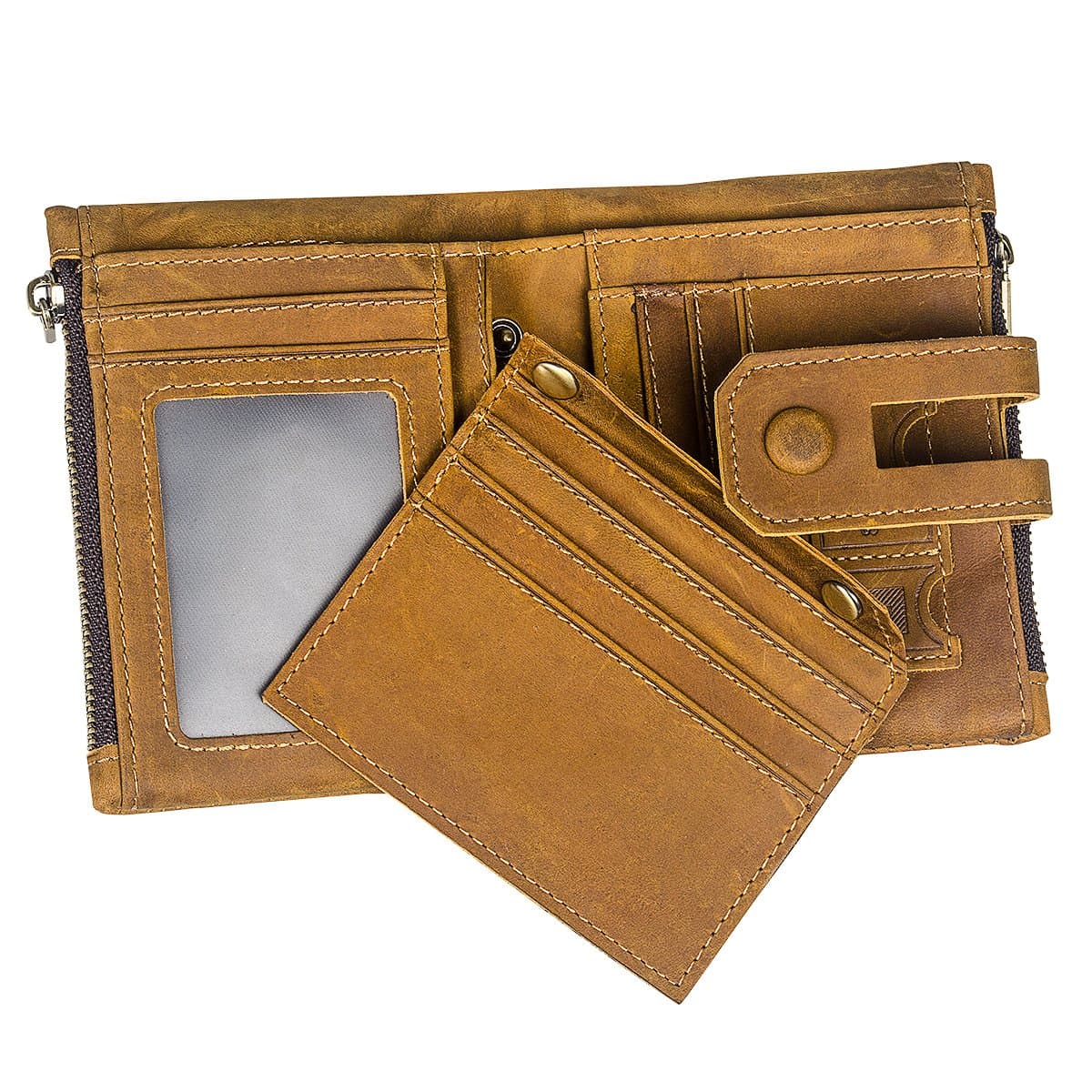 RFID Blocking Men's Wallet with Coin Pocket - Bifold Vintage Genuine Leather With 2 Zip Pockets - Ideal for Travel - Compact - Horizontal & Vertical Slots - 17 Card Capacity, ID Window, Snap Closure