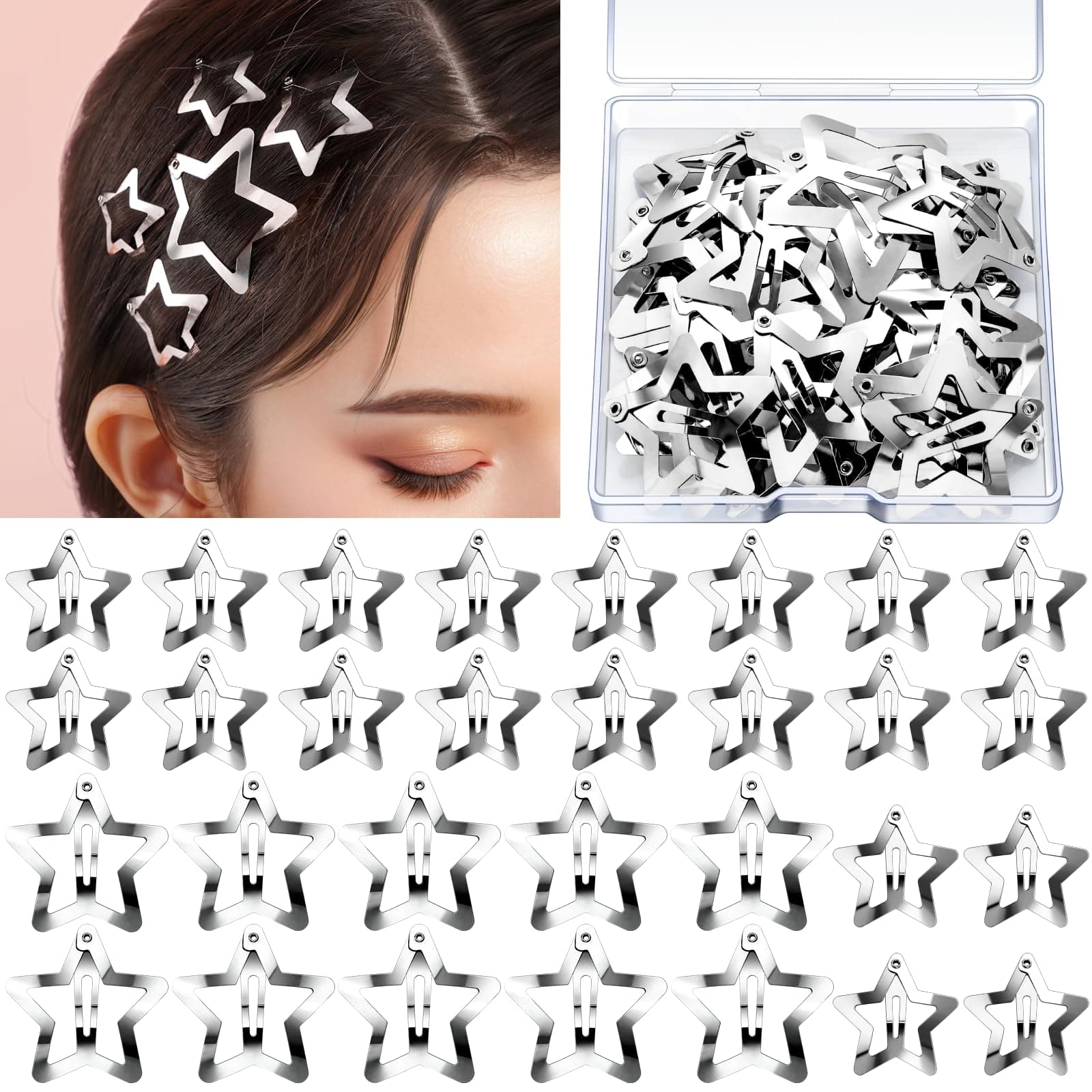 YGDZ Star Hair Clips and Barrettes Set - 20 pcs 1.22" Y2K Hair Accessories, 10 pcs 1.61" Silver Clips for Girls Women, Rave Accessories, Non-Slip Metal Snap Hair Clips
