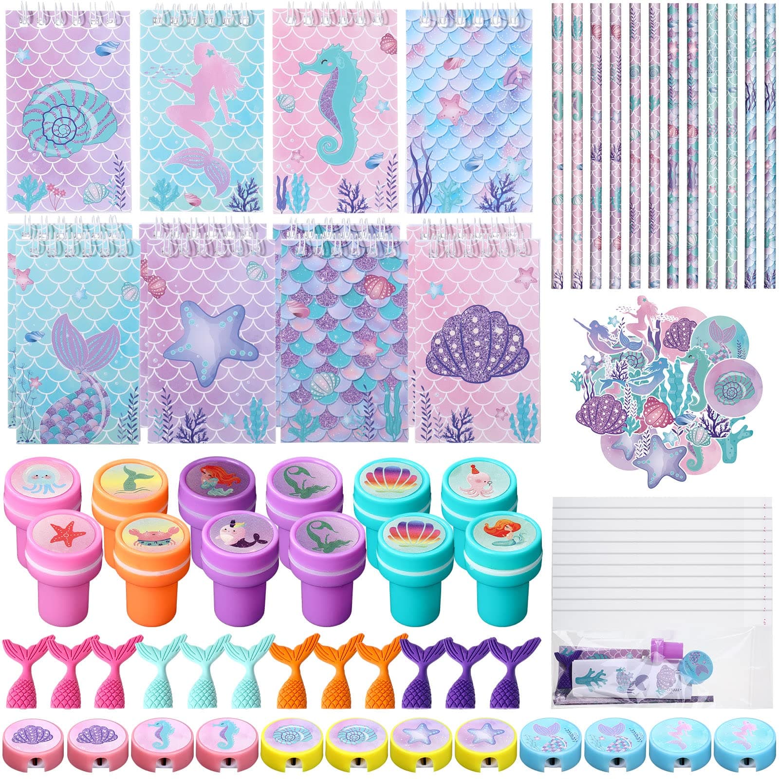 Faccito 86 Sets Mermaid Party Favors Mermaid Birthday Decoration Supplies School Stationery Set Gift Notebooks Pencils Sharpener Erasers Stickers Stampers Under the Sea Ocean Party Favors (Beautiful)