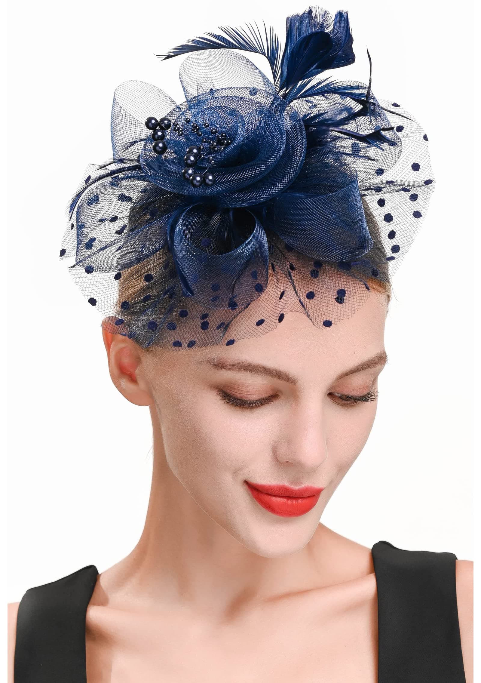 Fascinators Hat Flower Mesh Ribbons Feathers on a Headband and a Clip Tea Party Headwear for Girls and Women (Dark blue)