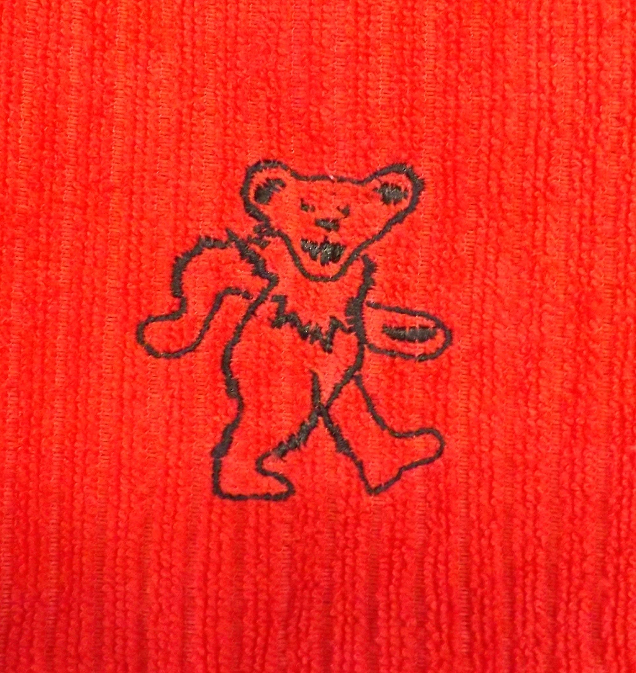 Kitchen Towel with an Embroidered Dancing Bear - Red and Black