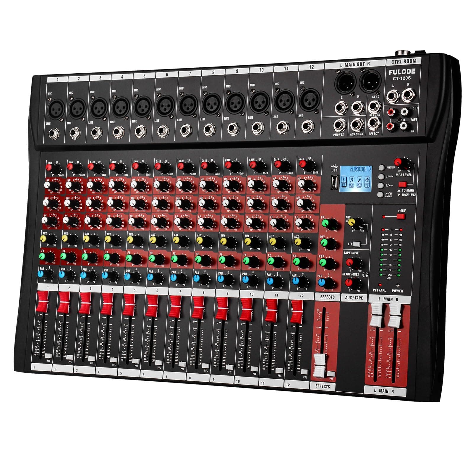 12 Channel Mixer Audio Console, CT-120S Professional Music Mixer DJ Mixing Board with Reverb Bluetooth MP3 Player 48V Phantom Power Supply USB Recording for Studio Karaoke Live Performance