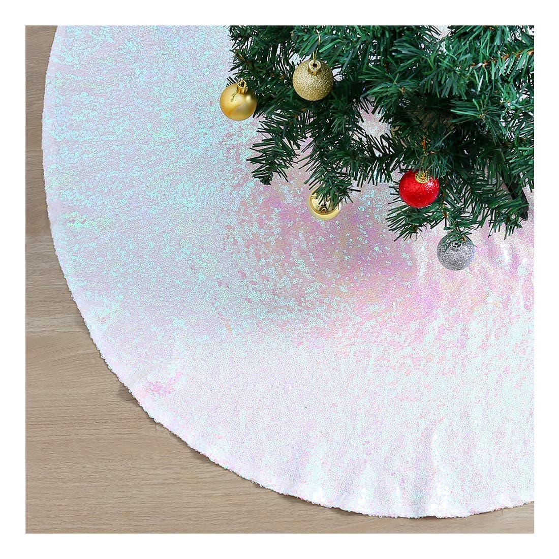 QueenDream Sparkly Embroidery Tree Skirt White Iridescent Tree Skirt Sequin Fabric Tree Skirt for Christmas Holiday Party 48 Inches