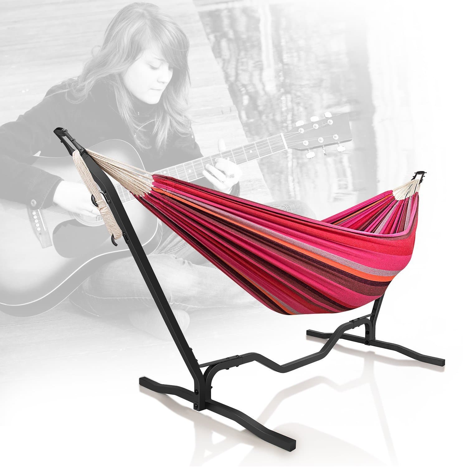 Double Hammock with 9-Feet Steel Stand Unique Guitar Design Travel Camping Two Person Adjustable Hanging Bed 79 x 59 " for Backyard Porch Balcony Garden Lawn Indoor Outdoor Use - Red