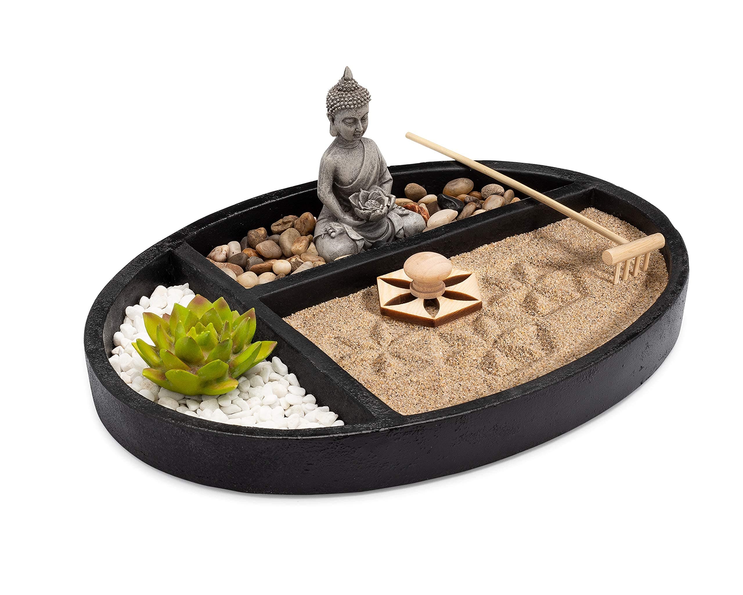 AsanaLiving Desktop Zen Sand Garden with Concrete Base, Meditating Buddha Statue, Bamboo Rake, Stamp and Faux Lotus Plant