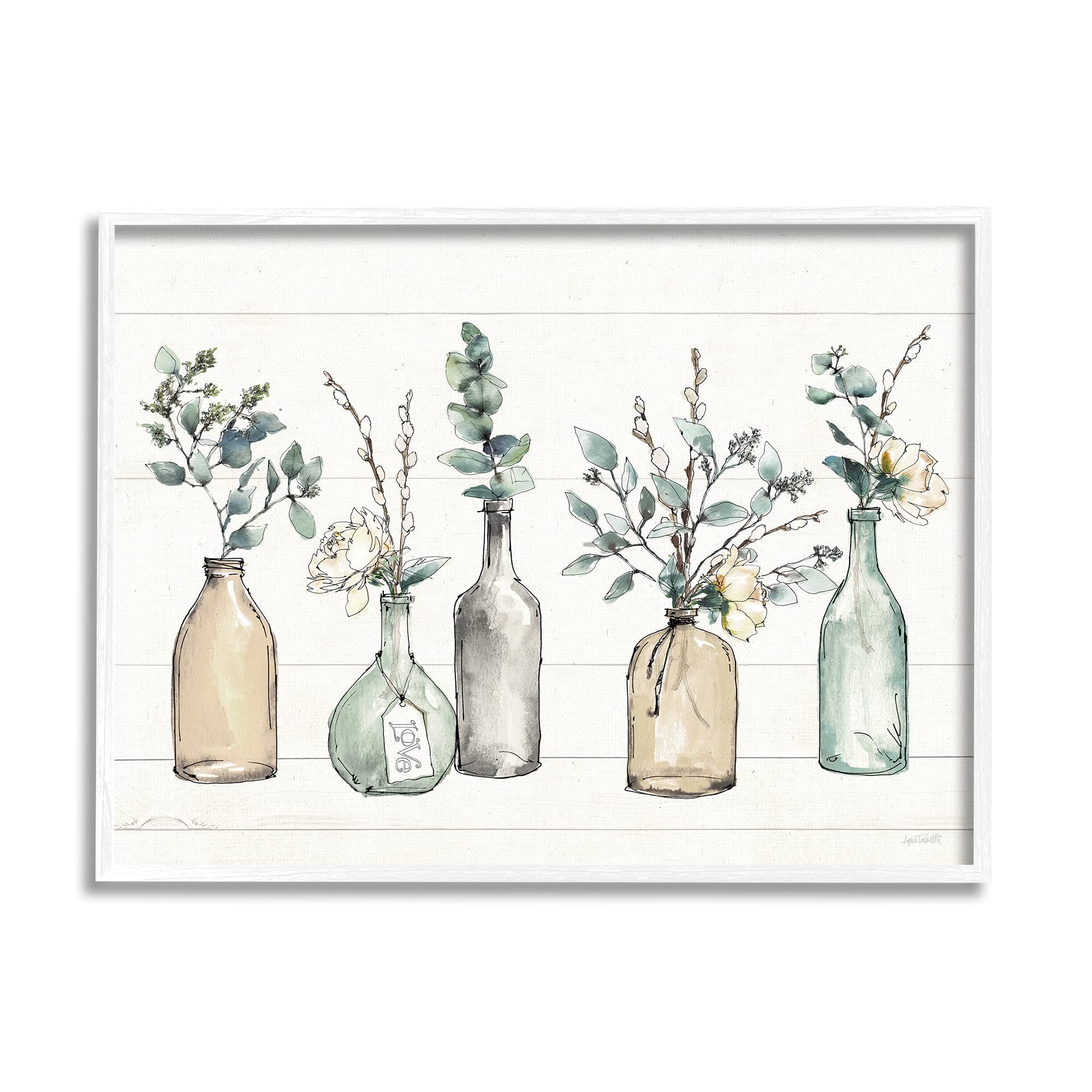 Stupell Industries Bottles and Plants Farm Wood Textured, Design by Anne Tavoletti Wall Art, 24 x 30, Multi-Color, White Framed