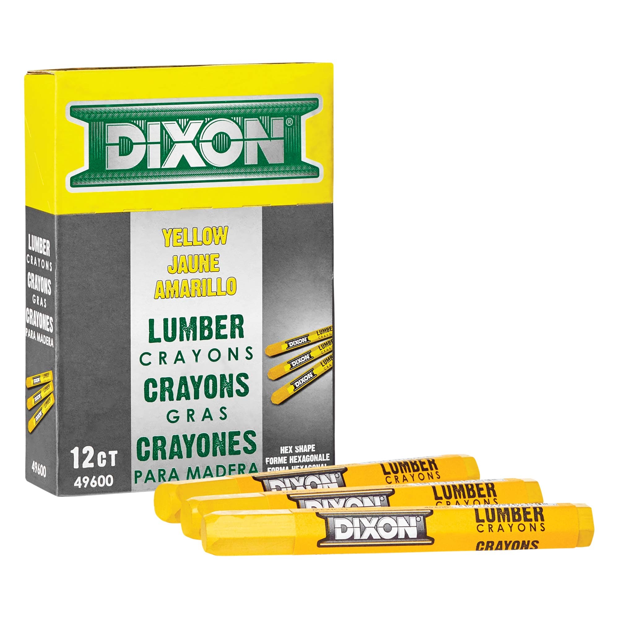 DIXON Industrial Lumber Marking Crayons, 4.5" x 1/2" Hex, Yellow, 12-Pack (X49600)