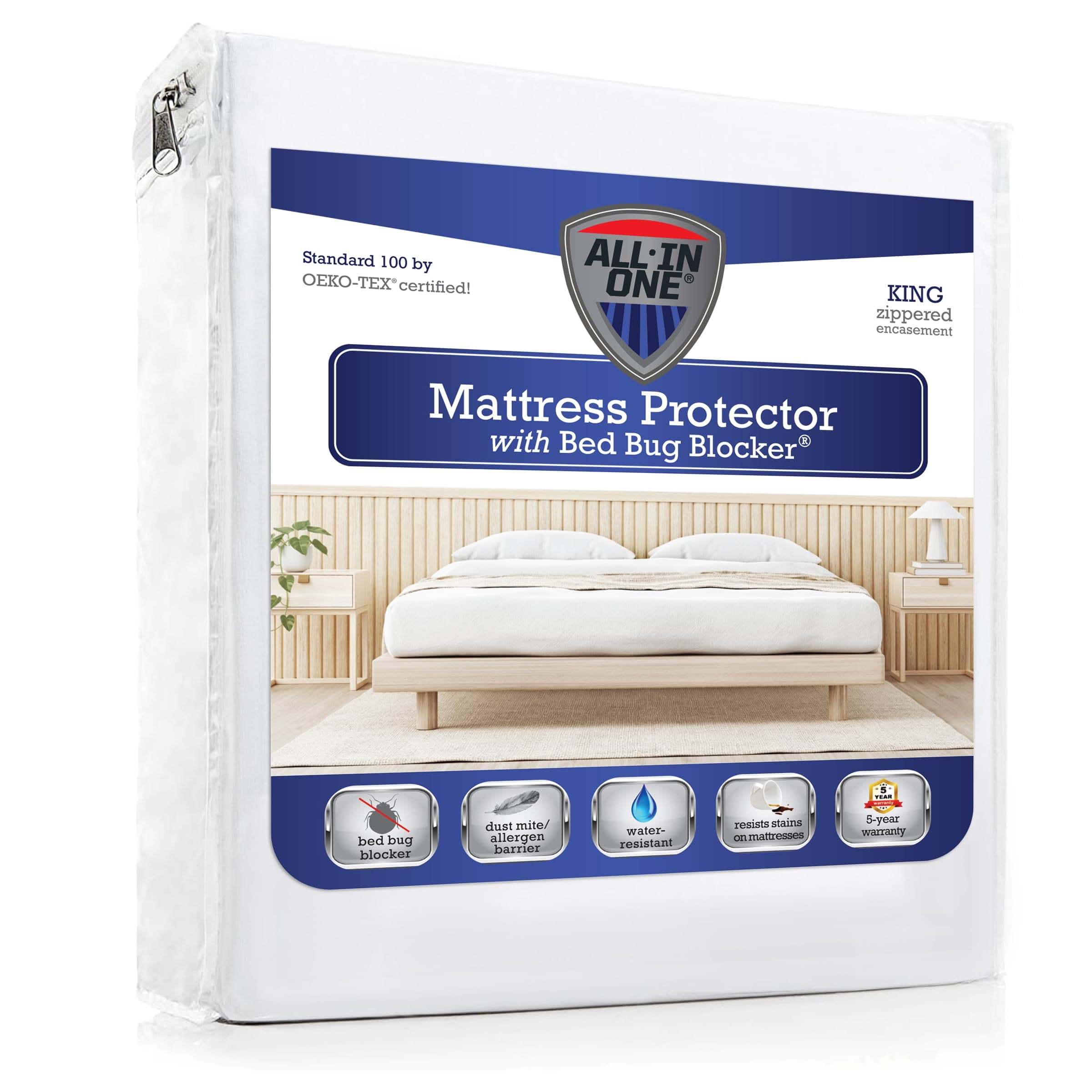 All-in-One Mattress Protector, Zippered Encasement, Water & Stain Resistant, Triple Seal Protection, King, White