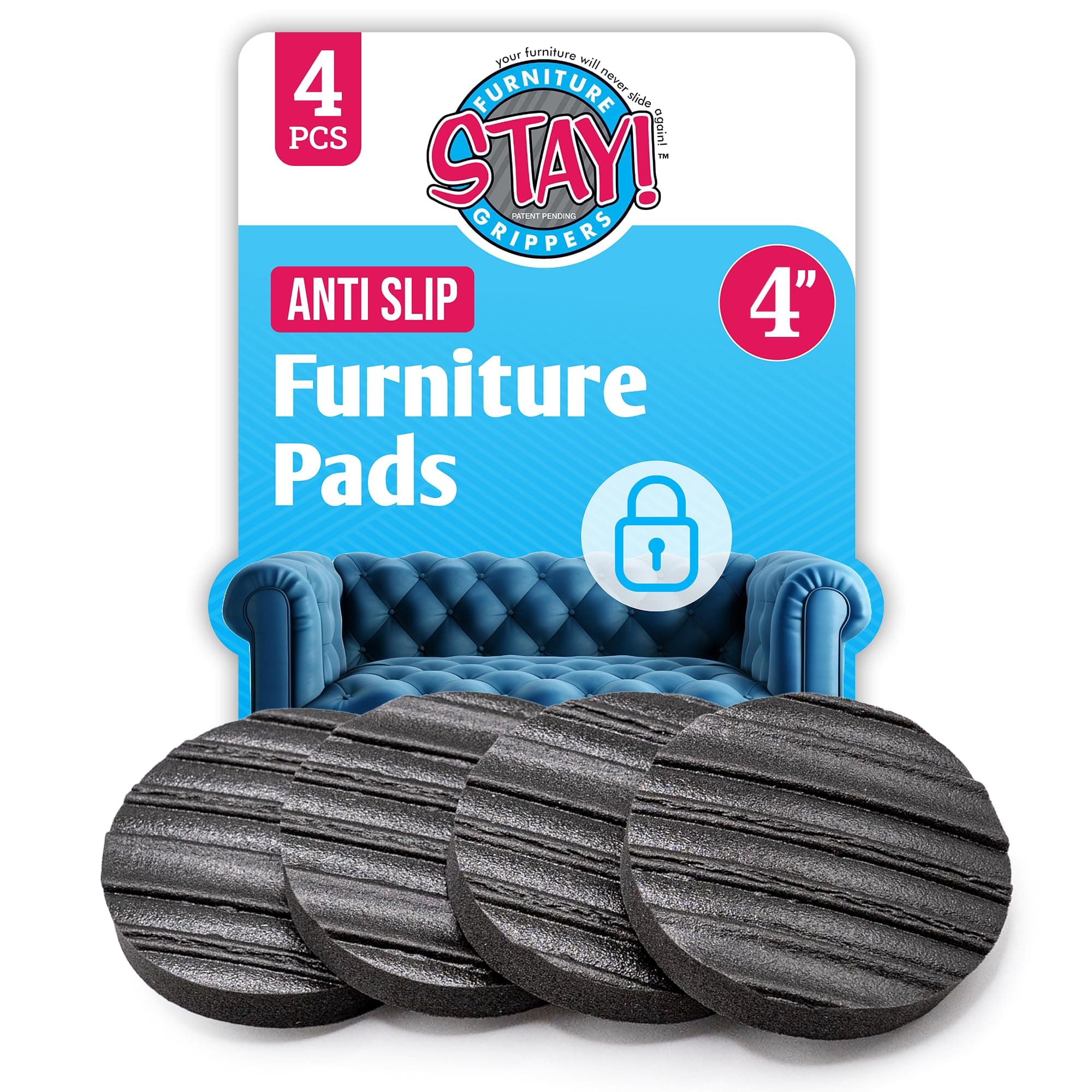 Stay! Anti Slip Furniture Pads (Set of 4) - Round Furniture Stoppers to Prevent Sliding for Hardwood Floors and Carpets - Non Skid Furniture Grippers - Table & Couch Leg Floor Protectors, 4 Inch