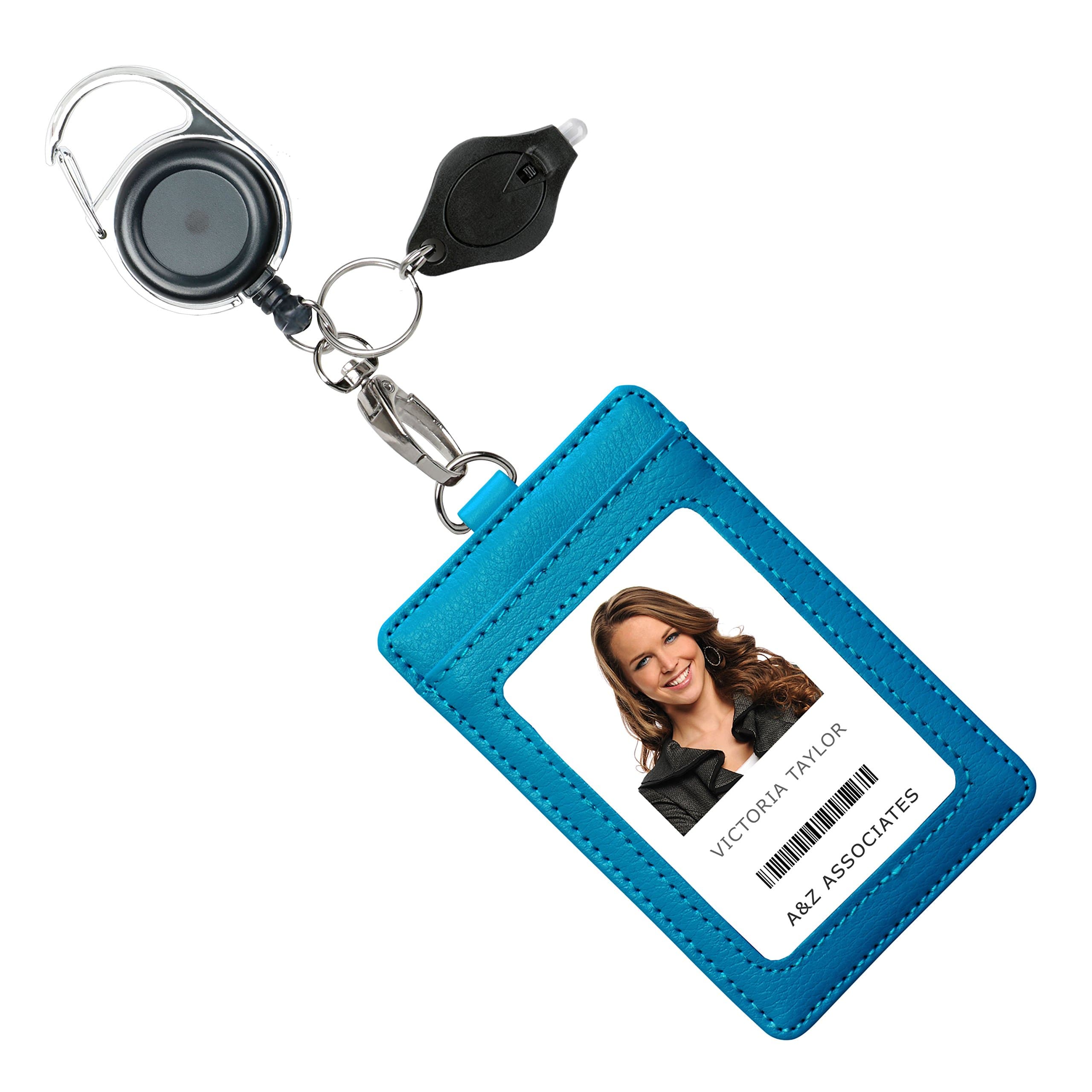 Genuine Leather ID Badge Holder Wallet with Heavy Duty Carabiner Retractable Reel, Key Ring and Metal Clip, 3 Card Pockets. Holds Multiple Cards & Keys. Key Chain Flashlight. Vertical. Carolina Blue