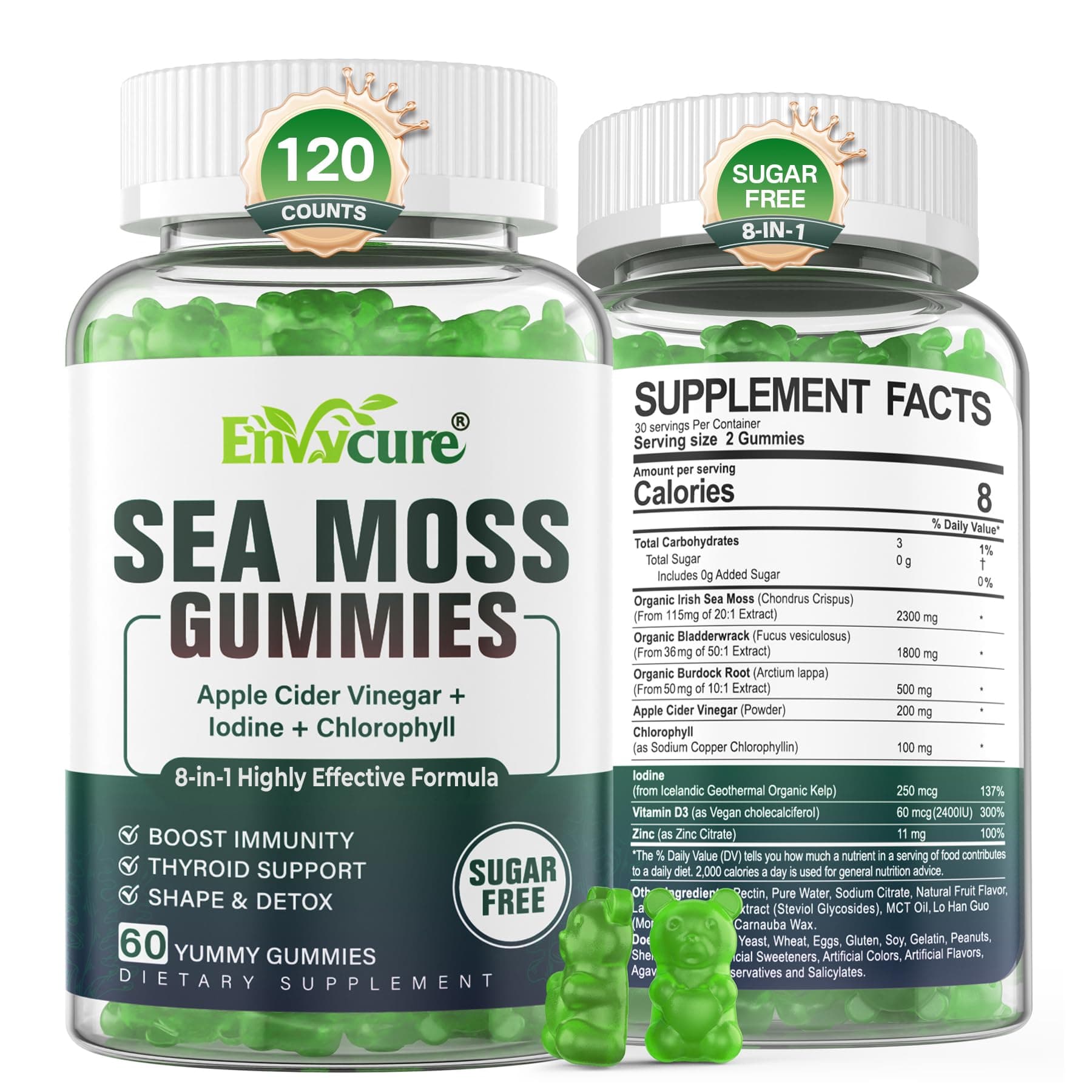 Sea Moss Gummies Sugar-Free, Extra Strength Irish Moss Gel Supplement with Iodine, Chlorophyll, Unfiltered ACV, D3, Burdock Root, Bladderwrack for Immune, Digestive, Skin, Hair, Det❤️x, Vegan, 2Pack