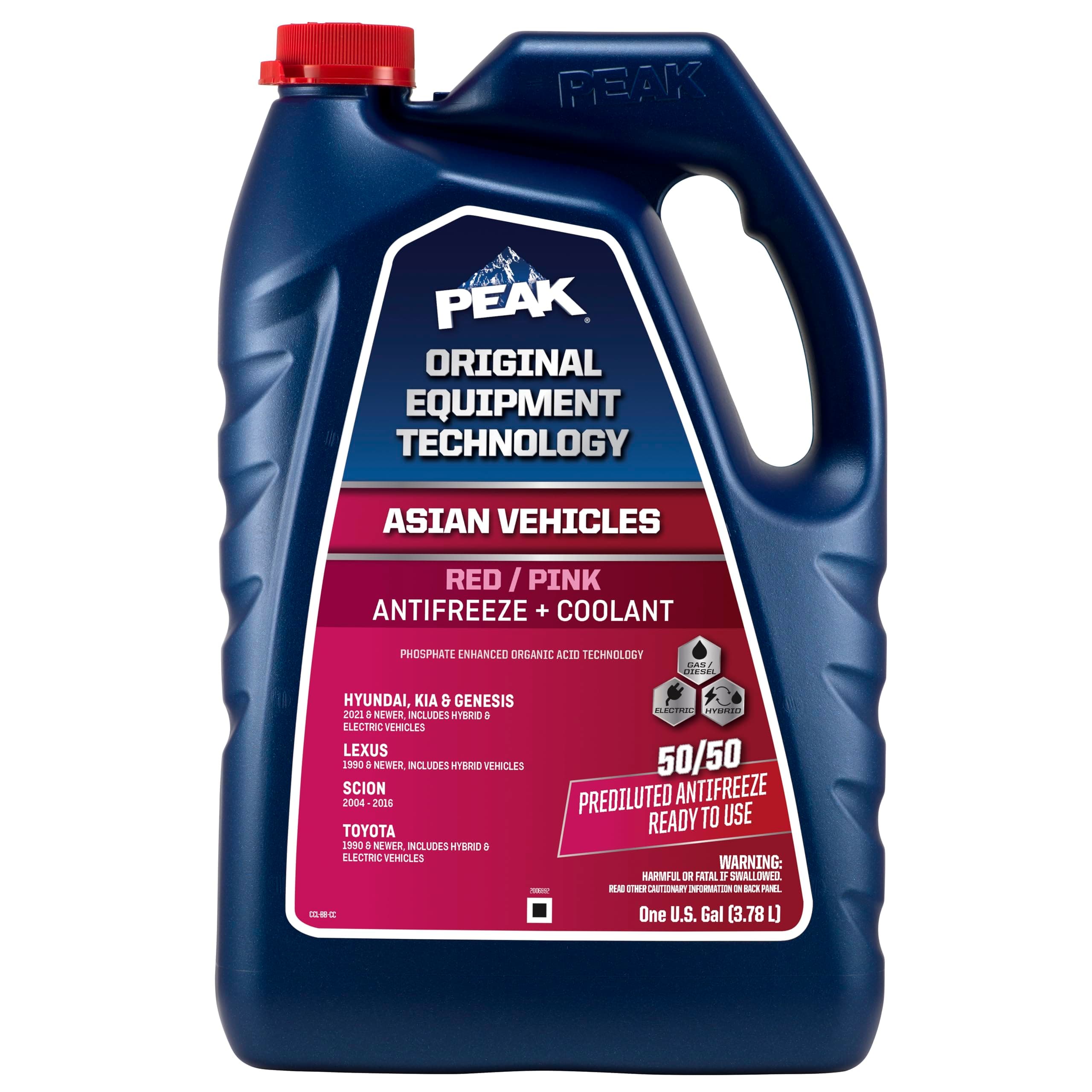 PEAK OET Extended Life Red/Pink 50/50 Prediluted Antifreeze/Coolant for Asian Vehicles, 1 Gal.