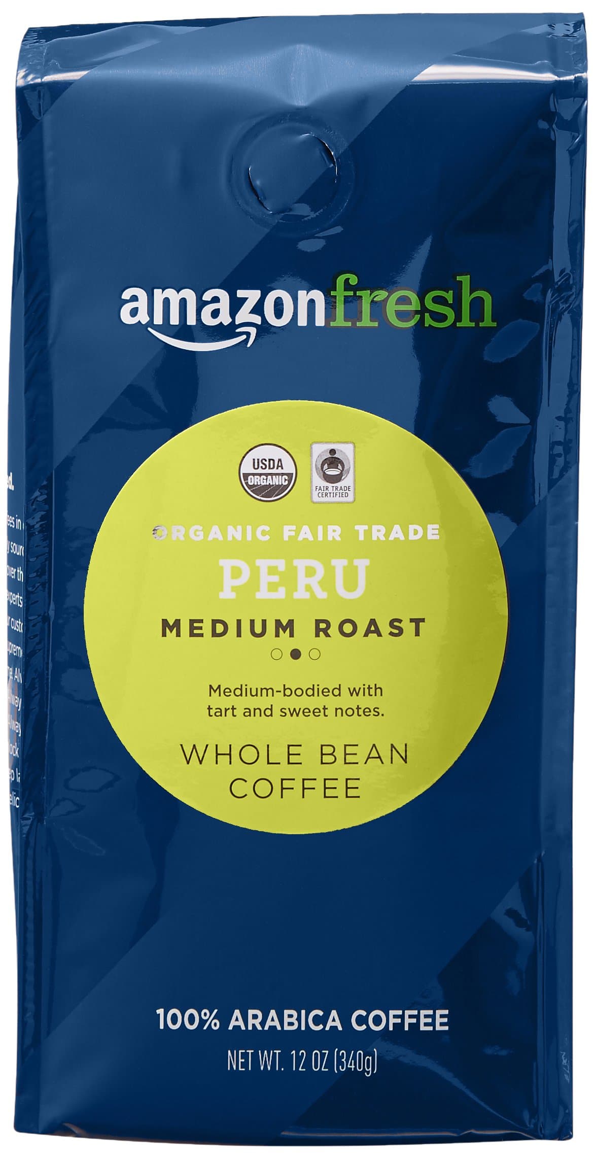 Organic Fair Trade Peru Whole Bean Coffee, Medium Roast, 12 Oz