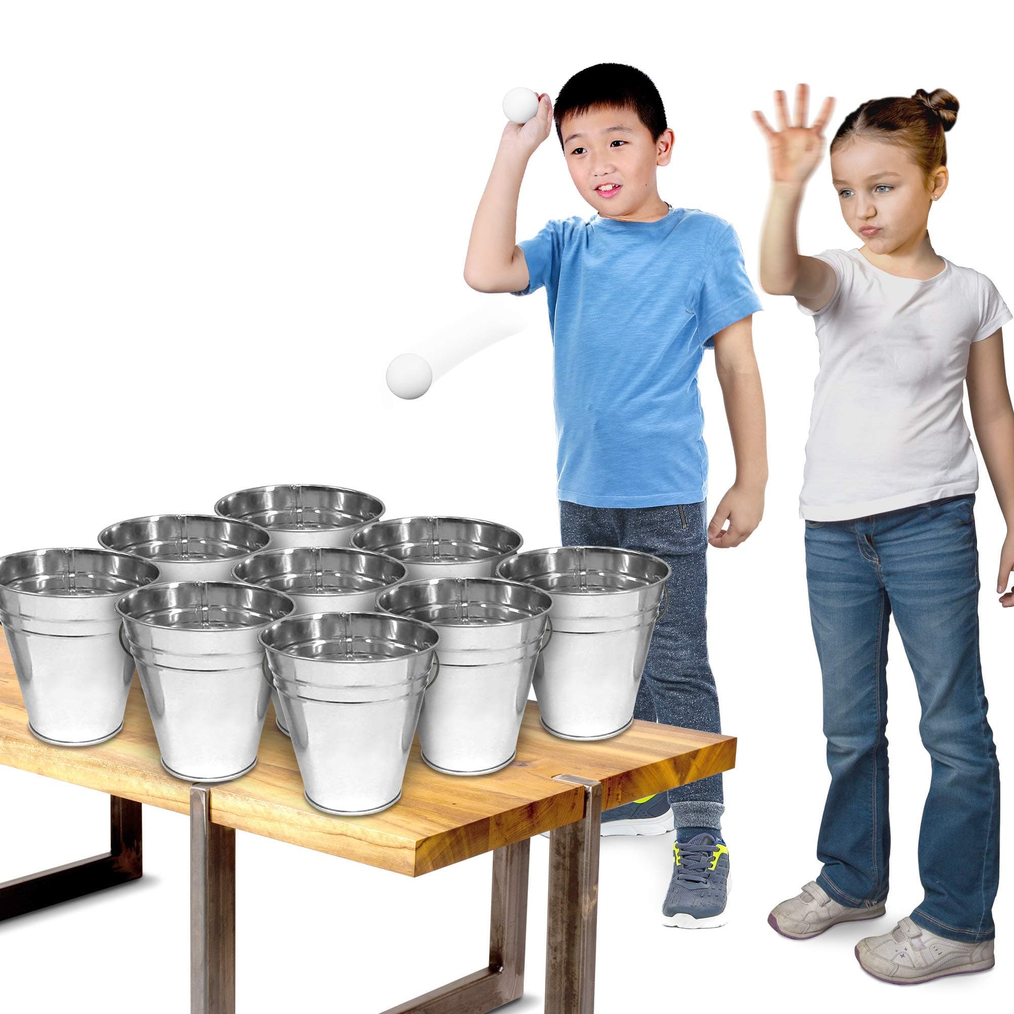 Bucket Ping Pong Ball Game Includes 9 Metal Buckets, 12 Balls, and 1 Number Sticker Sheet - Fun Party Activity for Kids and Adults, Carnival Games for Kids