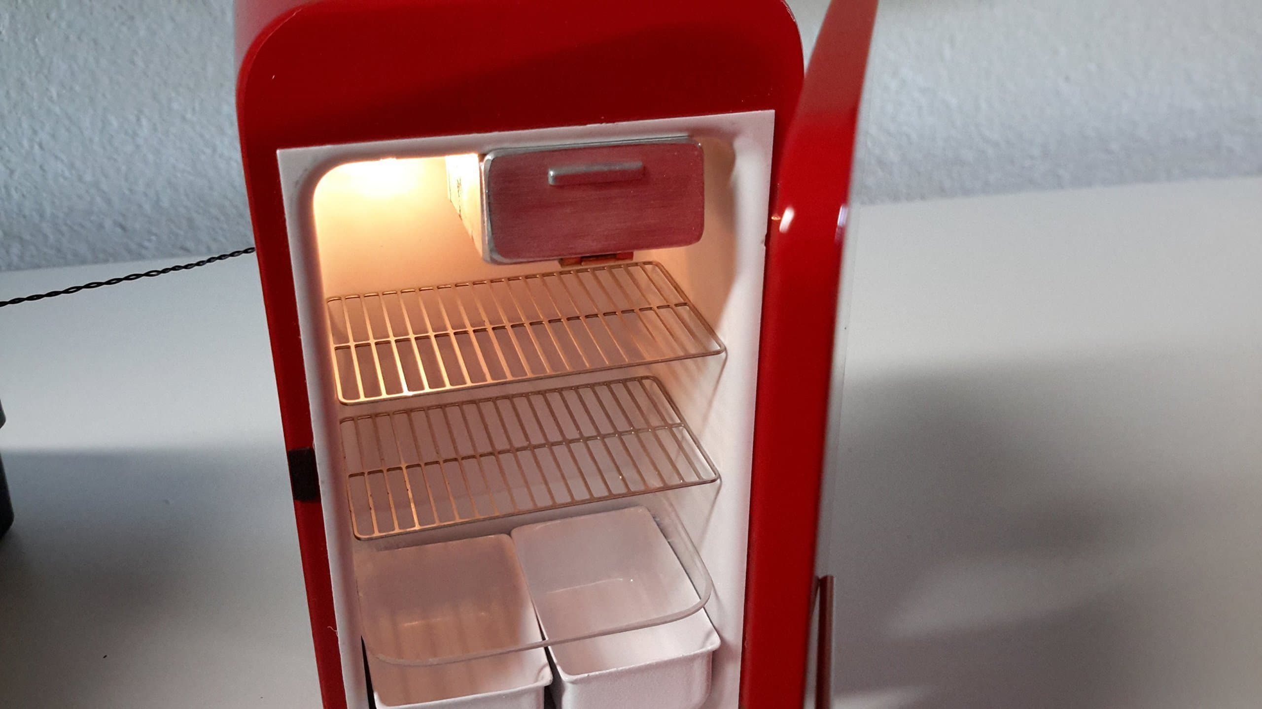 K&J Miniature Metal Works retro refrigerator, (red) signed, and numbered by Karen Fuller