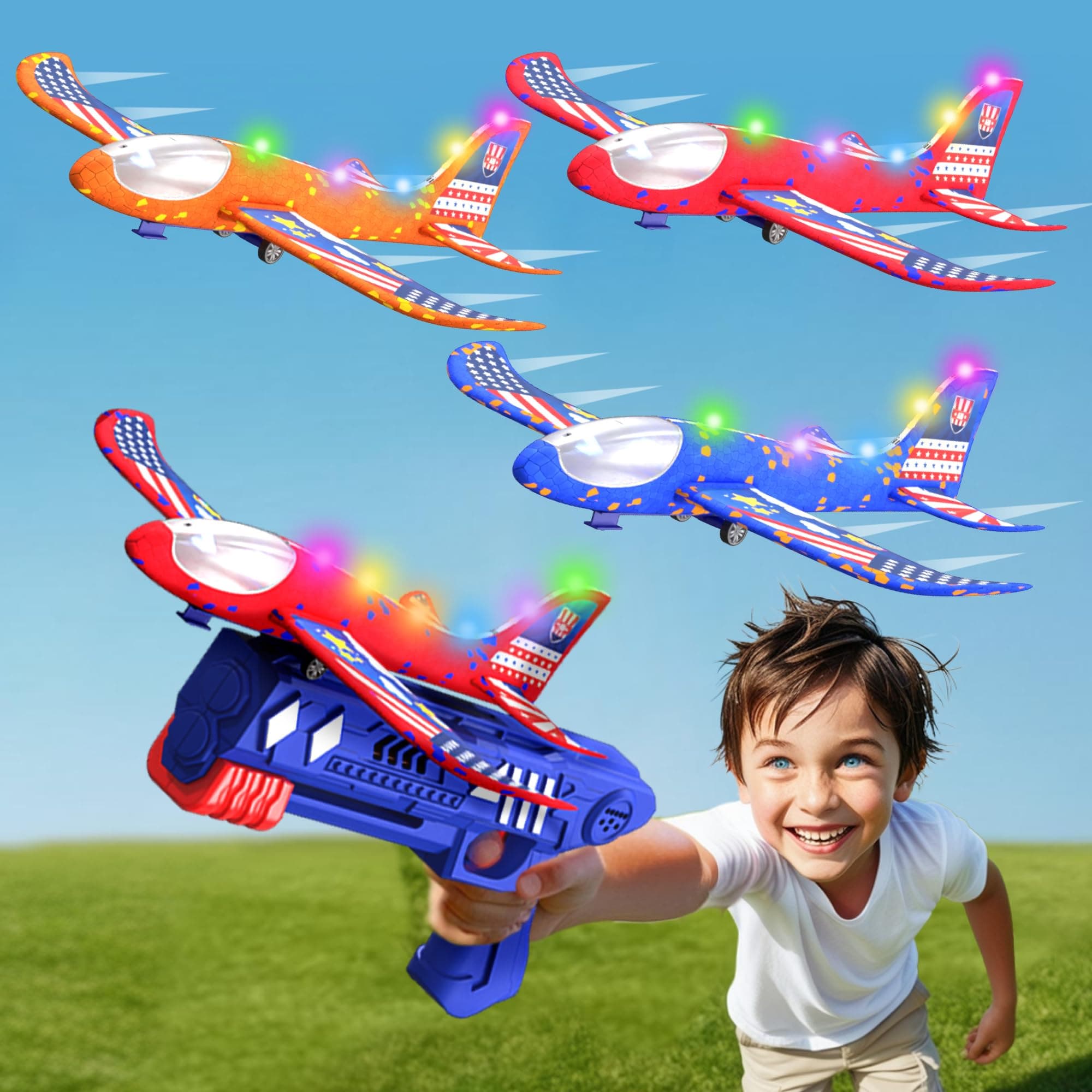 3 Pack Airplane Launcher Toys, LED Foam Glider Catapult Airplane Toy for Boys, Ages 3-10
