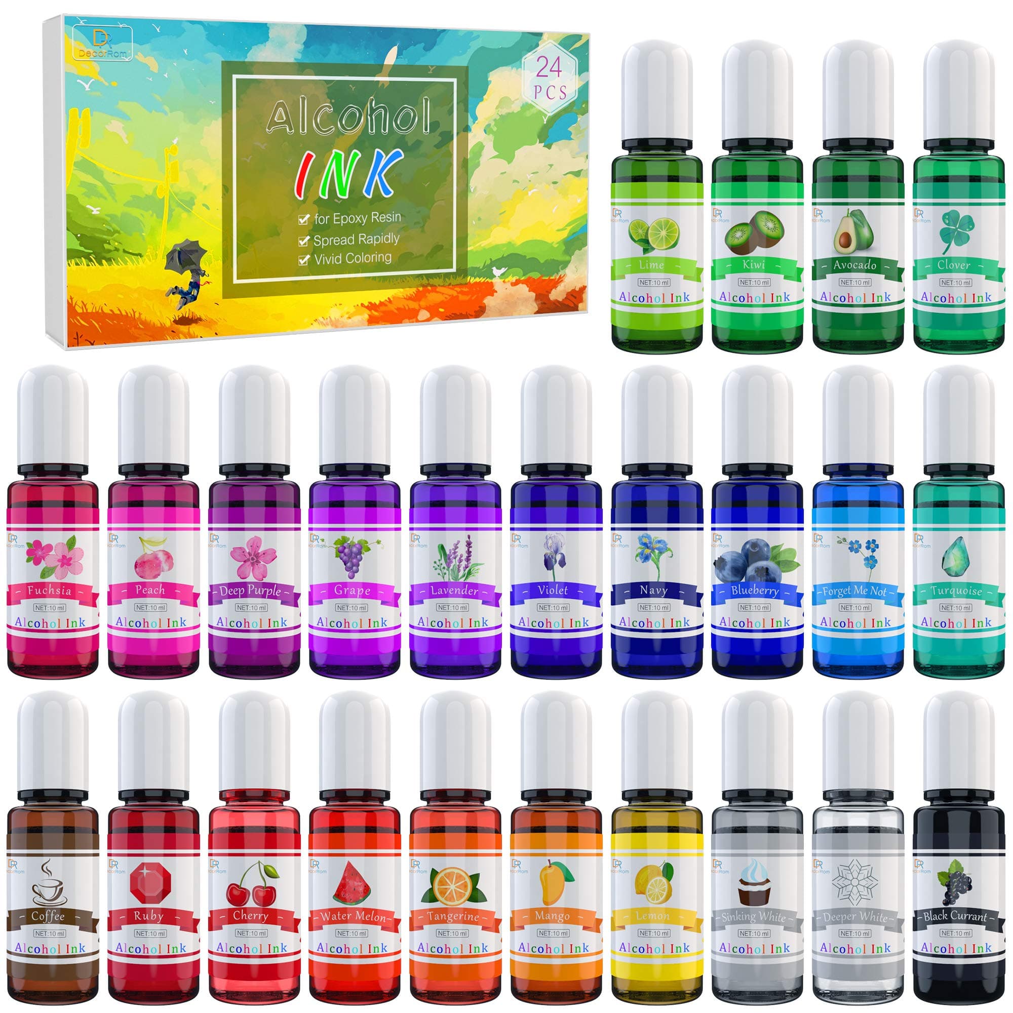 Alcohol Ink Set - 24 Vibrant Colors for Resin Art, Petri Dish Making, Epoxy Painting - Concentrated Alcohol-Based Paint Color Dye for Tumbler Making - 24 x 10ml/.35oz
