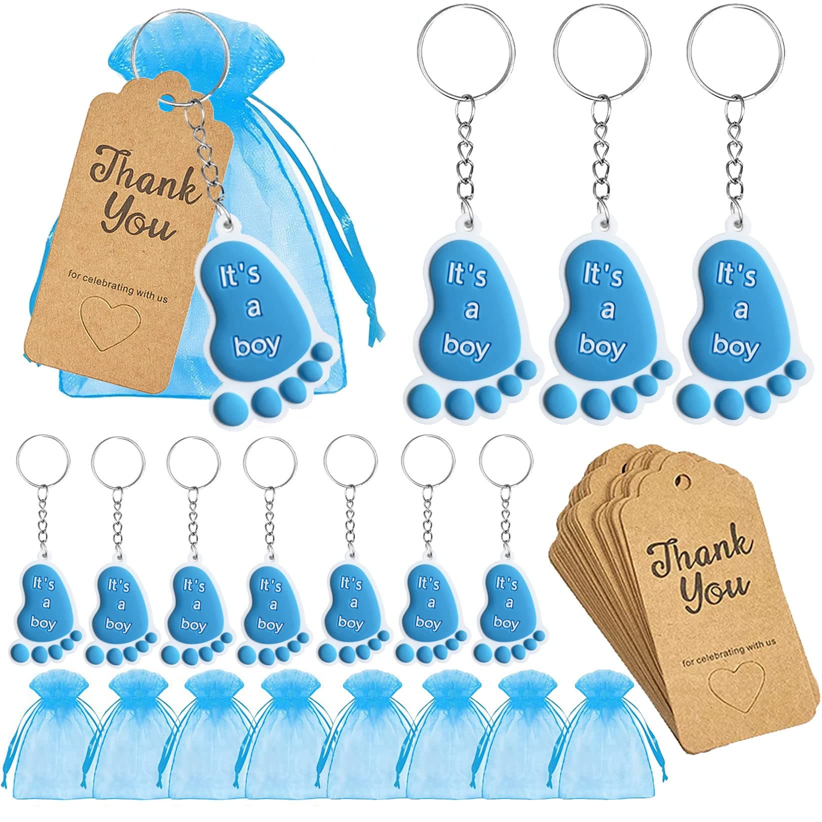 Finduat 25 Sets It's a Boy Baby Footprint Keychain Return Gifts for Guests baby shower Souvenirs Supplies and Decorations with Organza Bags Thank You Kraft Tags for Party Favors(Blue)