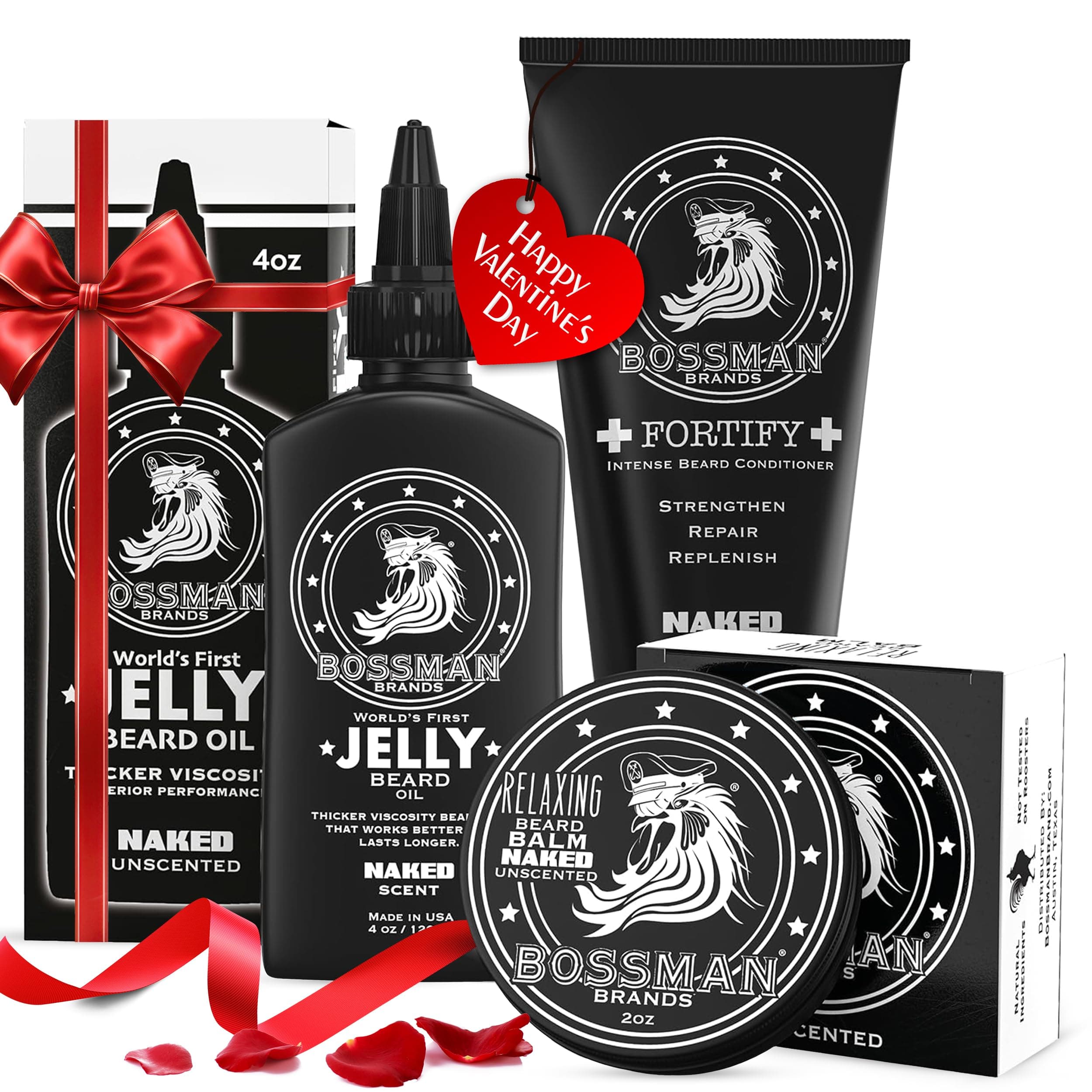 Bossman Essentials Beard Kit for Men, Set of 3 - Beard Oil Jelly, Fortifying Conditioner Cream, Beard Balm - Grooming Growth Care Accessories - Gift Set for Men (Naked - Unscented)