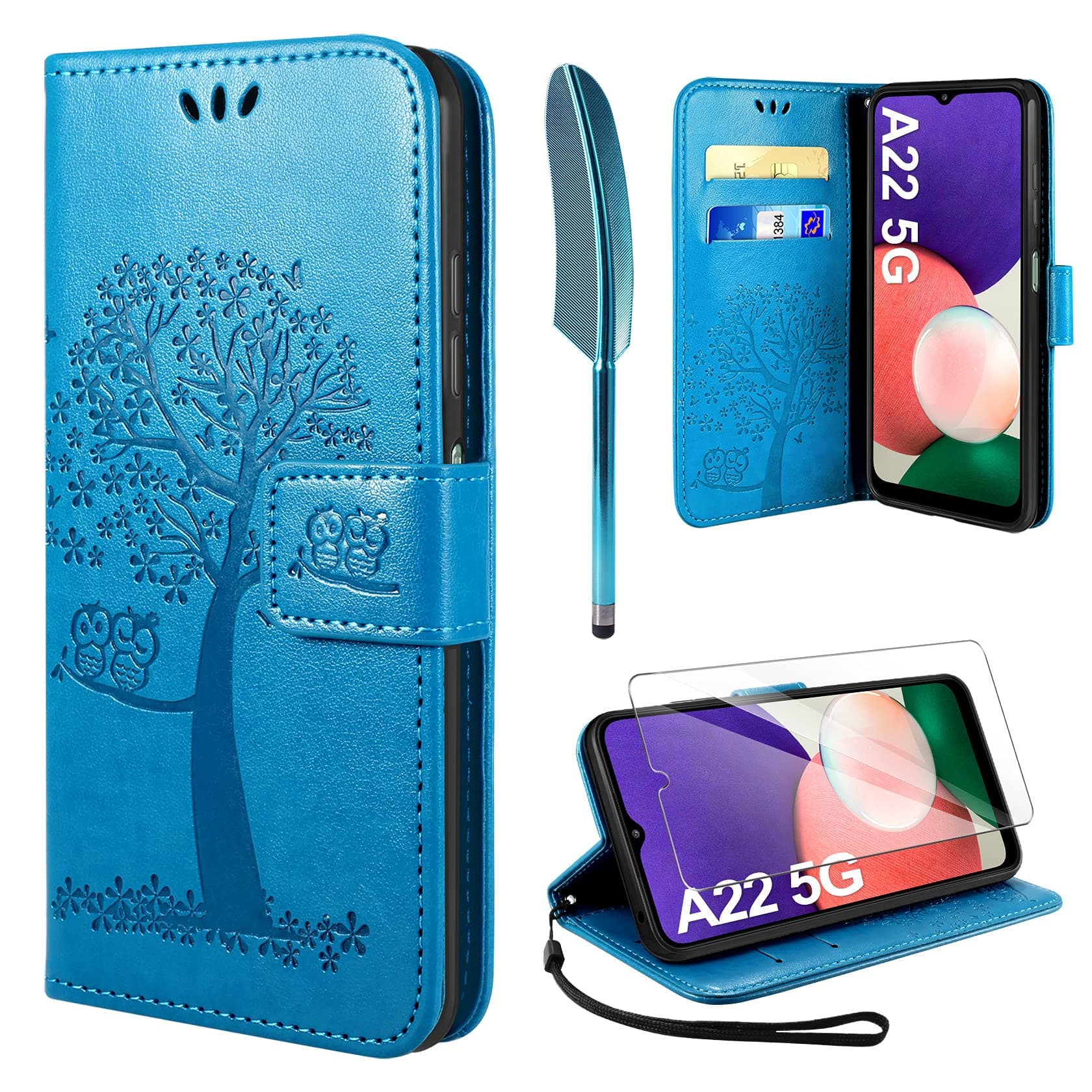 Compatible with Samsung Galaxy A22 5G Case and Screen Protector, [Not Fit for a22 4G] PU Leather Wallet Book Flip With Card Slots Magnetic Closure Kickstand Full Protection Cover - Blue