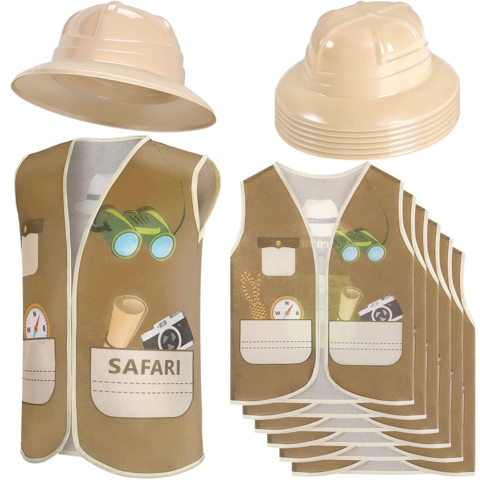 Coume 12 Pcs Safari Hats and Vest Safari Dress Costume Include 6 Plastic Explorer Hats and 6 Jungle Vest Party Supplies for Theme Jungle Party Birthday Halloween Decorations
