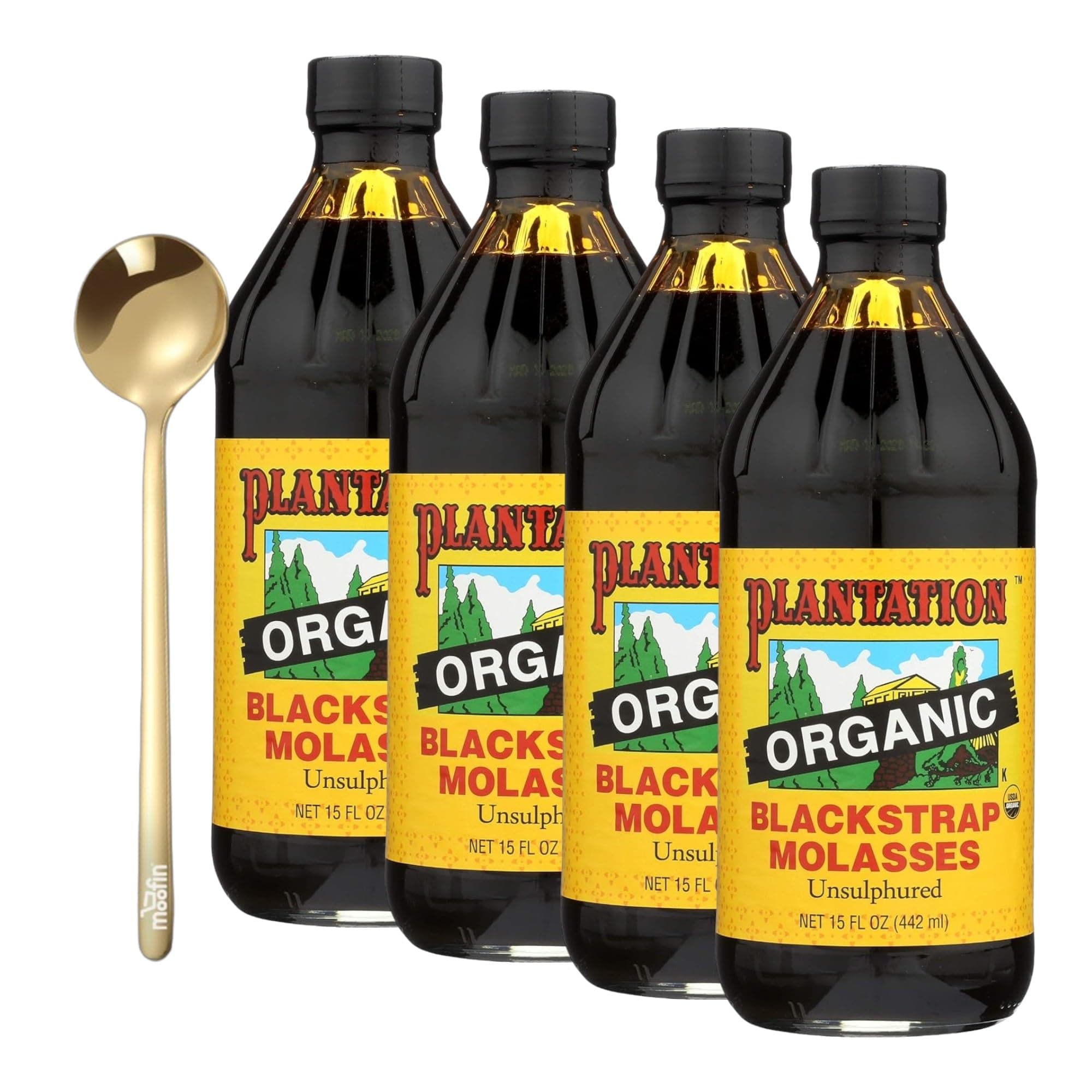 moofin Plantation Unsulphured Blackstrap Molasses, Rich in Nutrients, 32 oz - Includes Golden SS Spoon, USDA Organic, Versatile Sweetener for Baking & Beverages, Eco-Friendly Packaging [Pack of 4]
