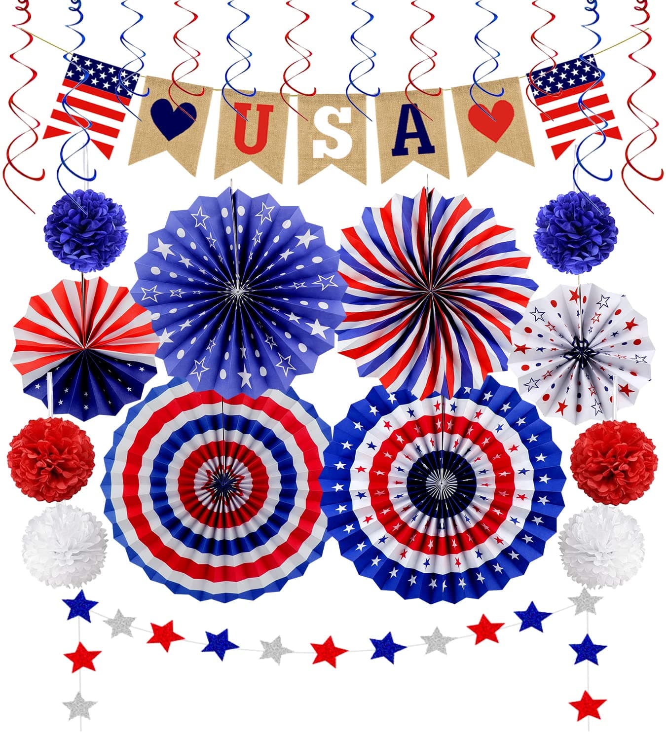26Pcs Patriotic Decorations 4th of July Decorations LOVE USA Banner Red White Blue Paper Fans Star Streamer Pom Poms Hanging Swirls for Veterans Labor Presidents Flag Memorial Day
