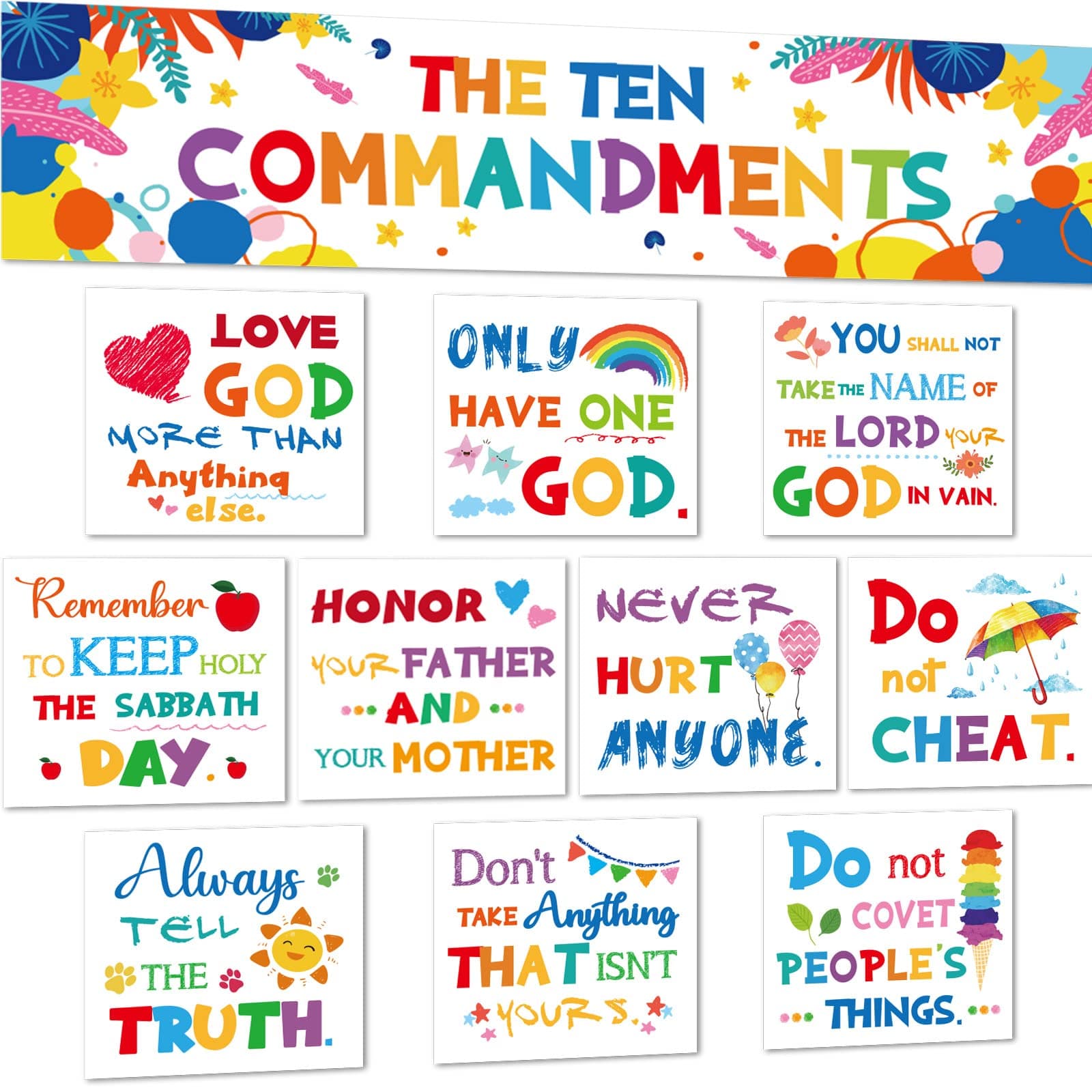 Ten Commandments Bulletin Board Posters for Classroom Decorations Christian Bible Verse Banner Inspirational Wall Display Set for Christmas Teachers Church Sunday School Middle High School Wall Decor