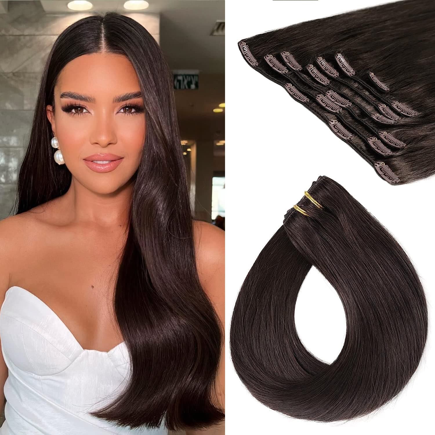 Dark Brown Hair Extensions Clip in, Straight Double Weft Clip in Hair Extensions Real Human Hair for Women, 16 Inch, 110g, 7pcs