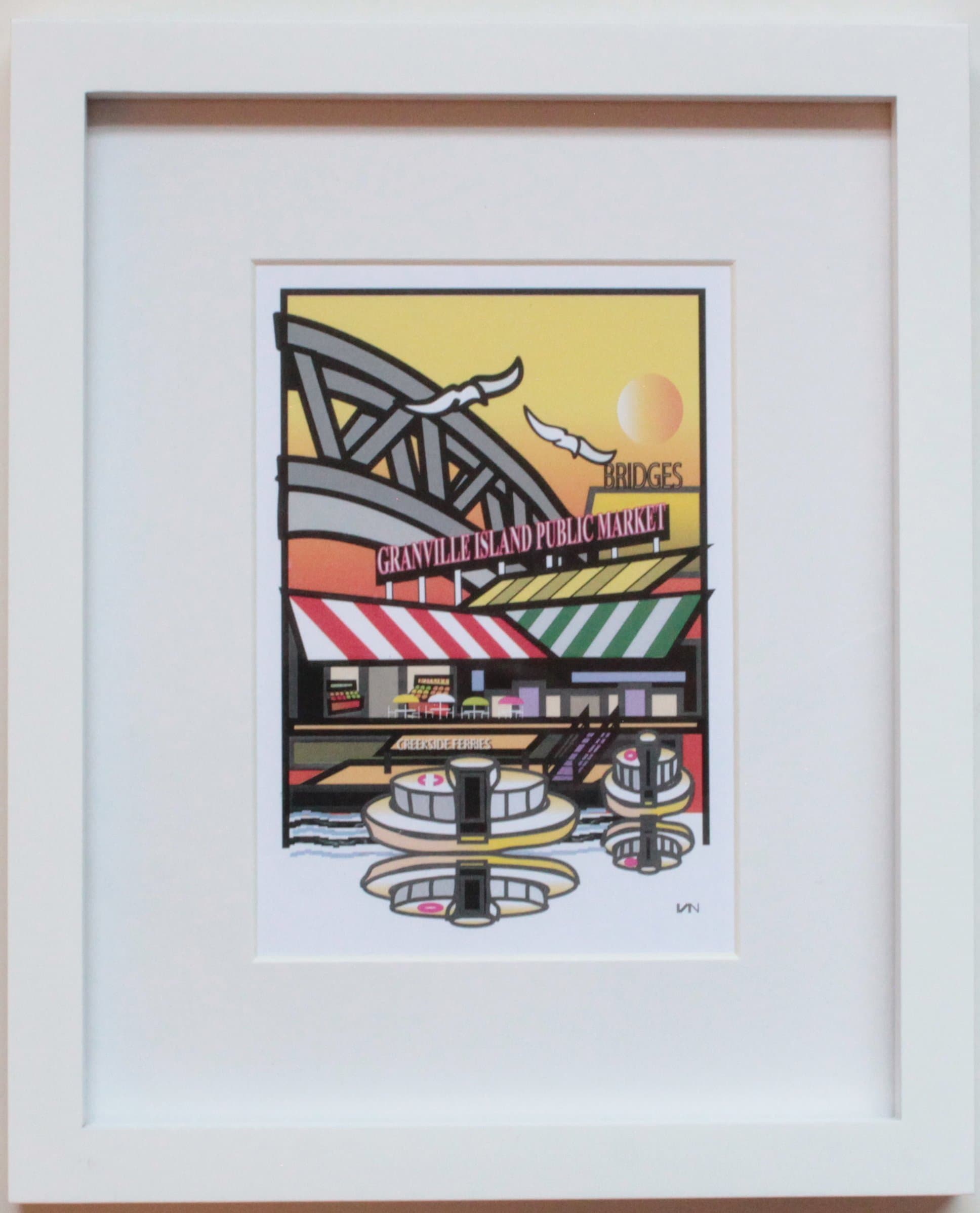 Granville Island, Vancouver BC with Yellow Background, original framed art. 8x10inch white frame with mat. Hand signed by the artist. Also available with a blue background.