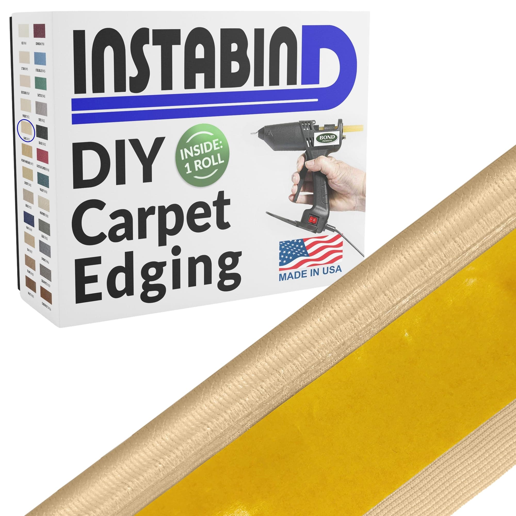 Instabind Premium Carpet Edge Binding – Regular Style Carpet Edge Trim for Do-It-Yourself Rug Edging- with Durable Hold & Easy Finishing for Rug Edges - USA Made Flooring Products – 54 ft Roll, Sand