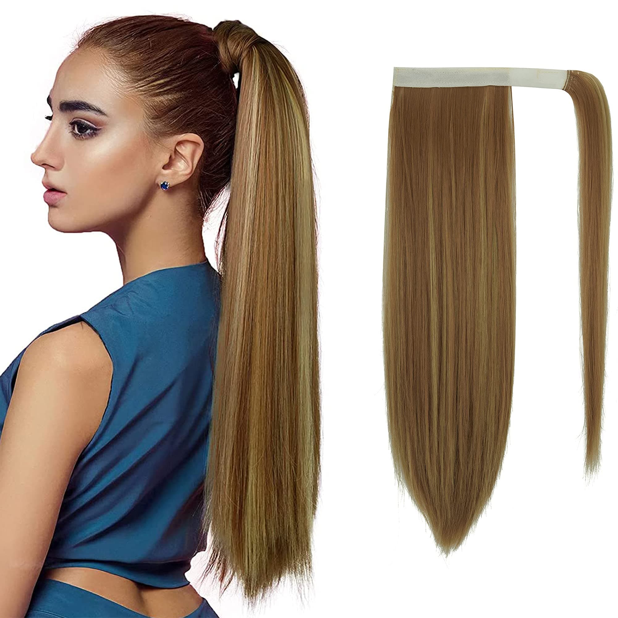 KOODER Clip in Ponytail Extension Wrap Around Long Straight Pony Tail Hair for Women 20 Inch Synthetic Hairpiece ash blonde mix giner