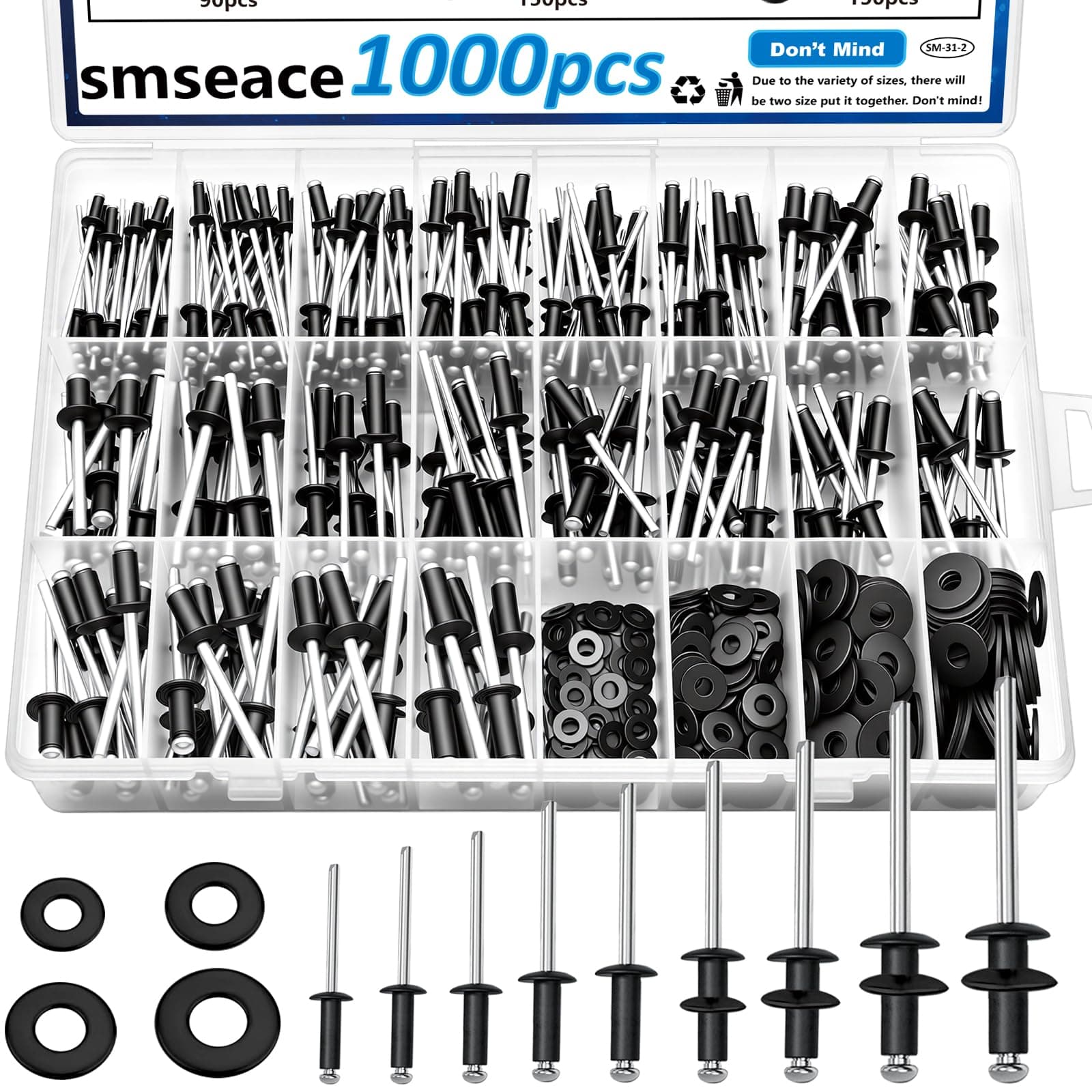 smseace 1000Pcs Pop Rivets with Washers Assortment Kit-14-Sizes SAE Black Rivets for Metal 3/32,1/8,5/32,3/16Inch 4-Sizes 304 Stainless Steel Washers for Metal, Furniture, Automotive, Instruments