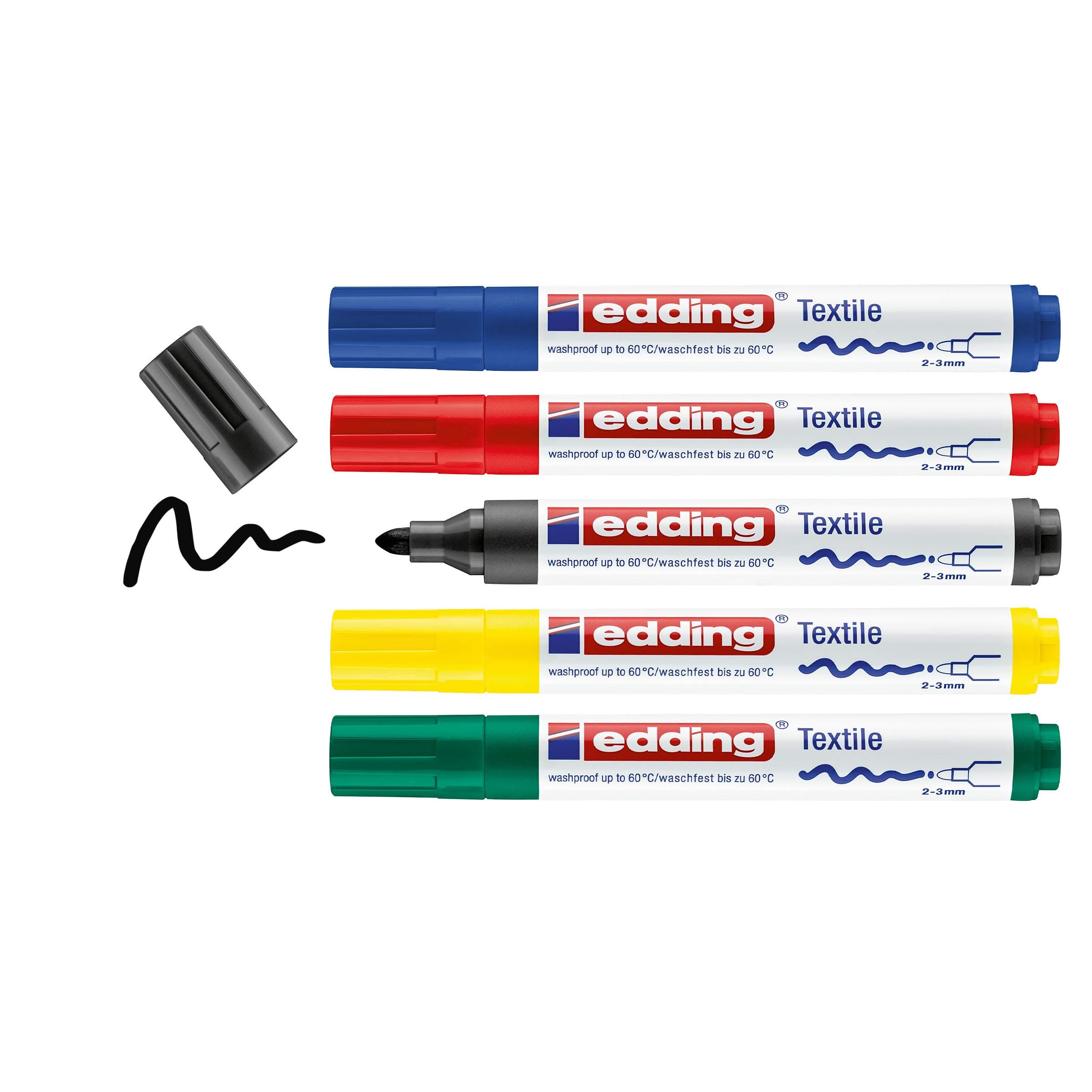 4500 textile marker - black, red, blue, green, yellow - 5 pc. - round nib 2-3 mm - permanent fabric markers for drawing on textiles, wash-resistant up to 60°C - marker pens for fabric lettering