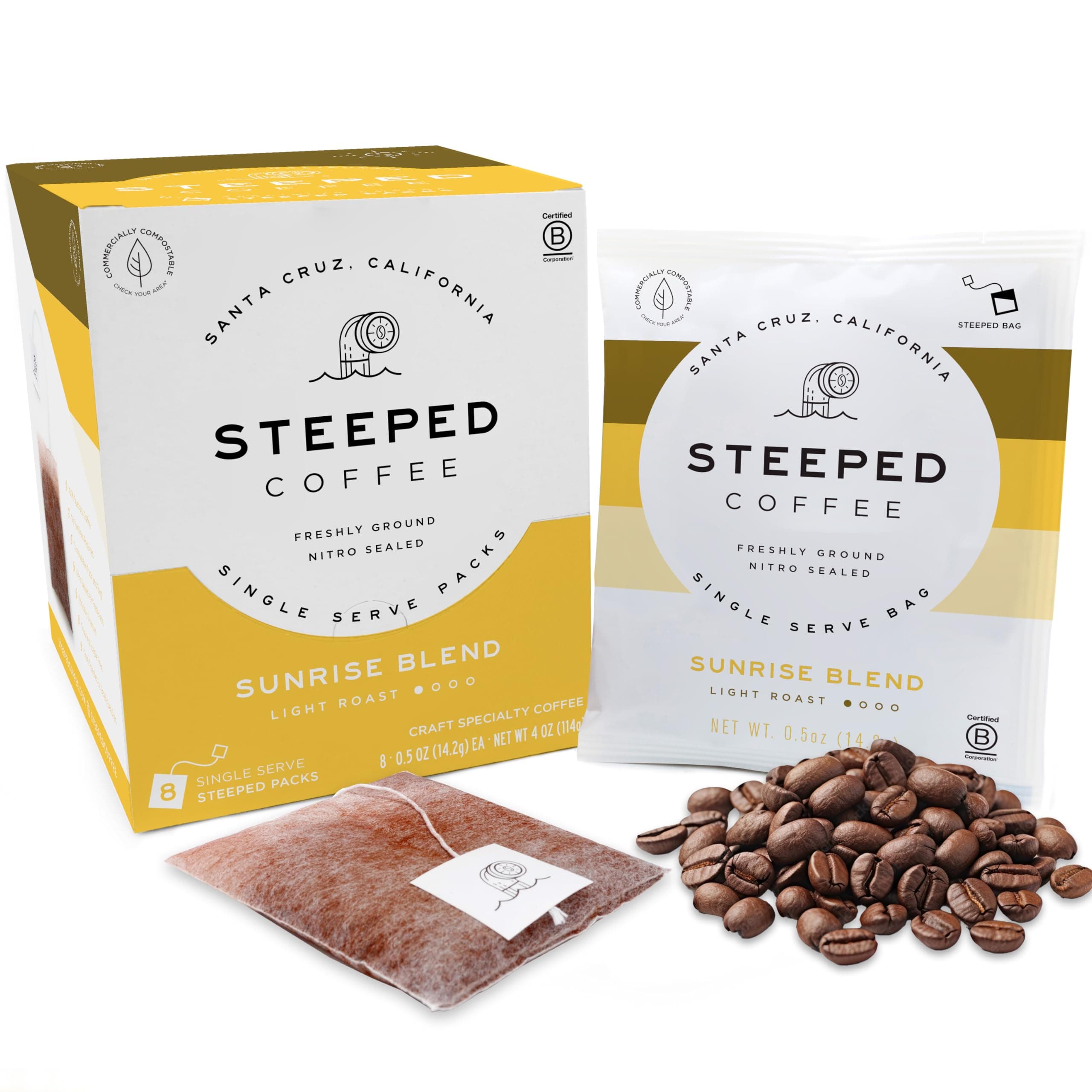 Steeped Coffee Tea Bags - Single Serve Pouches - Eco-Friendly, Hand Roasted Freshly Ground Coffee - Instant Brew, Just Add Water - Travel Size - Nitro Sealed - Sunrise Blend (Light Roast, 8 Count Pack)