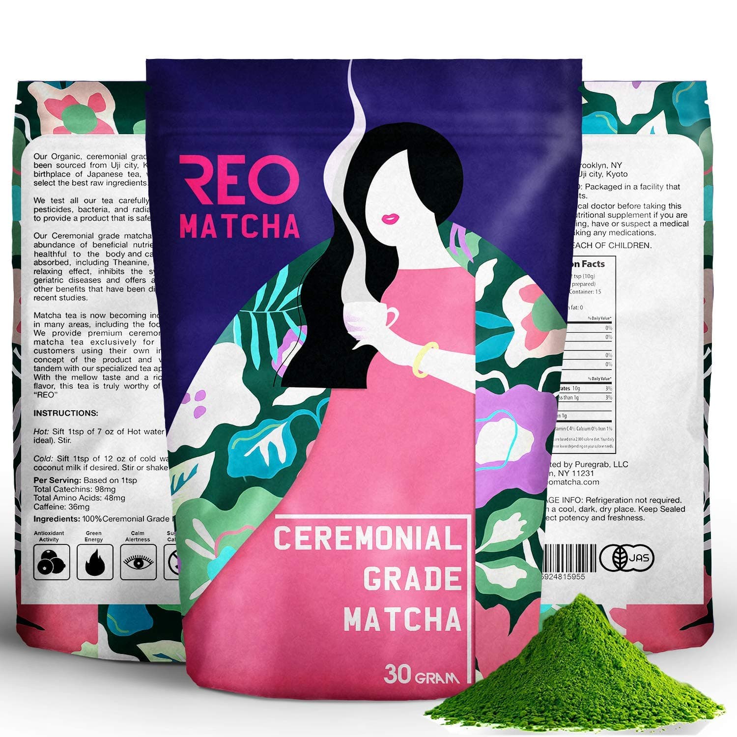 Matcha Green Tea Powder - 100% Organic, USDA, Authentic Japanese Ceremonial Grade Green Tea - For Smoothies, Latte - Natural Anti-oxidant - Vegan - Increase Energy (Ceremonial Grade, 30 grm)