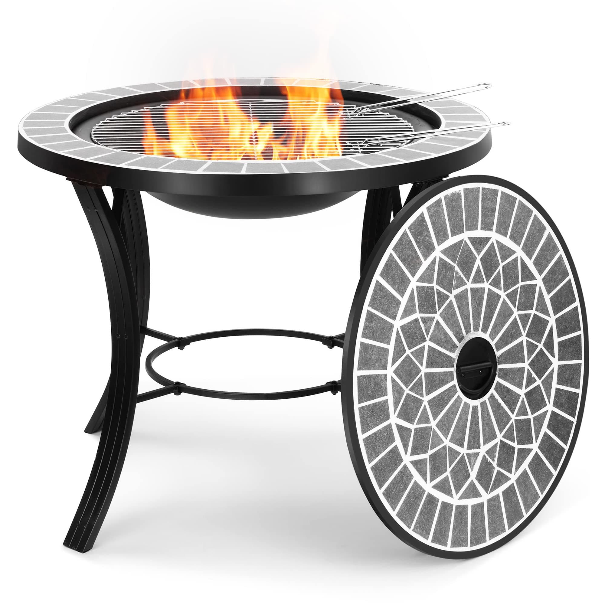 VonHaus Fire Pit Coffee Table – Mosaic Firepit with BBQ Grill Function, Table Feature & Spark Guard – Steel Material – Outdoor, Garden, Patio Heater/Burner for Wood & Charcoal – Grey