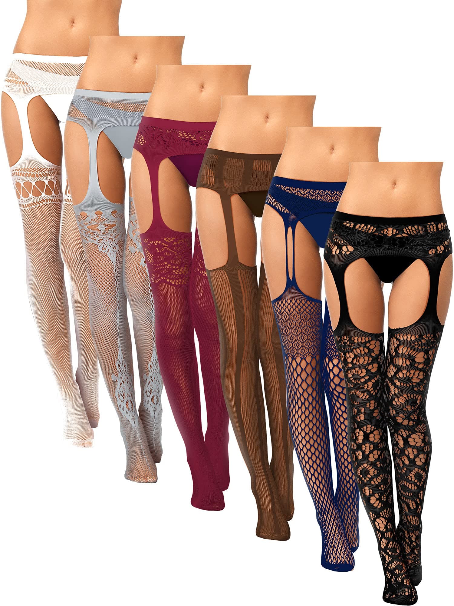 6 Pairs Fishnet Stockings for Women Plus Size Thigh-high Tights Stockings Suspender Pantyhose Garter Belts