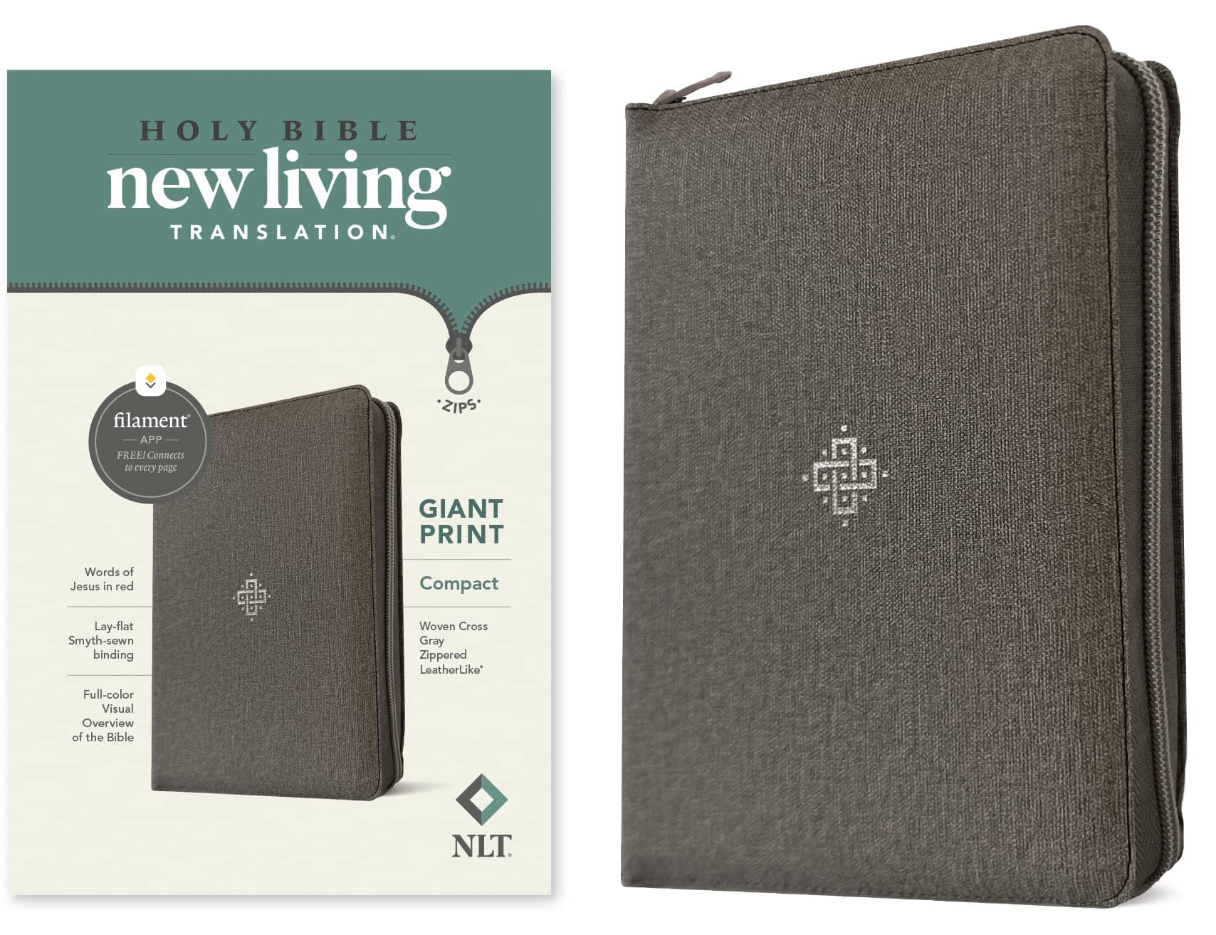 NLT Compact Giant Print Zipper Bible, Filament Edition, Grey: New Living Translation, Woven Cross Gray, Zipper, Leatherlike, Giant Print, Filament