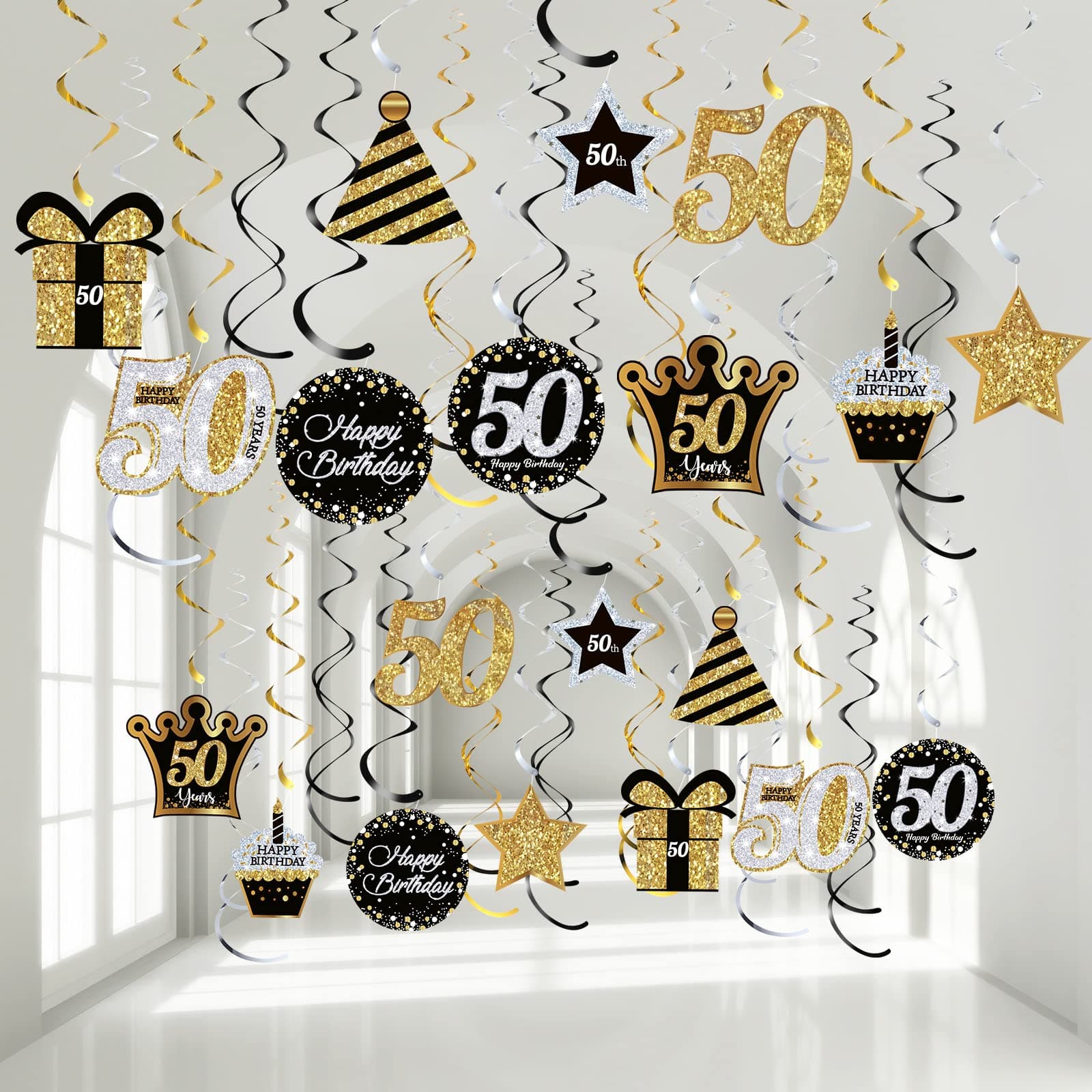 50th Birthday Party Foil Hanging Swirls Decorations Ceiling Glitter Celebration 50th Hanging Swirls Cutouts Ornaments for Men Women 50 Years Old Party Supplies, 30 Pcs