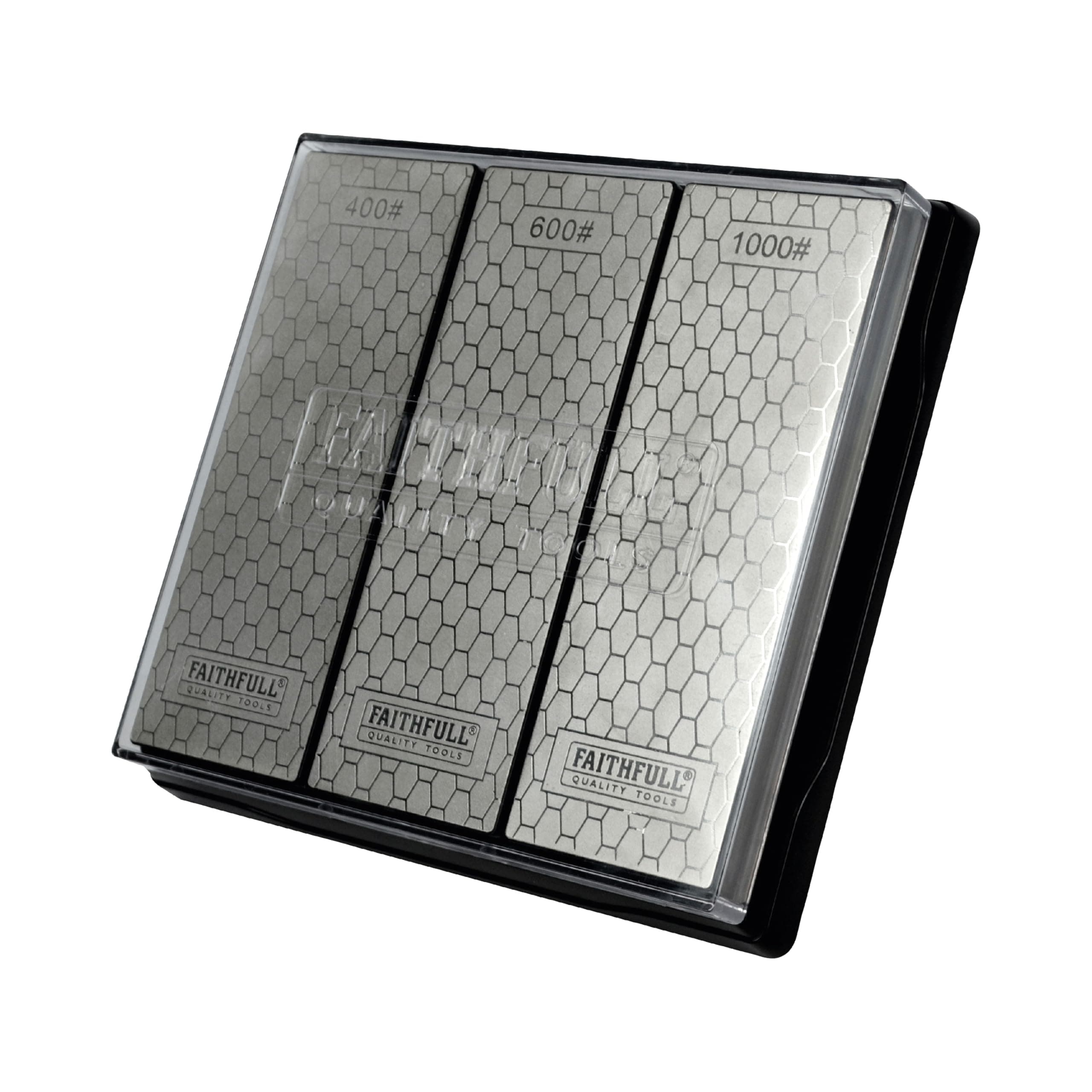 Faithfull Diamond Whetstone Sharpening Kit. 3 Stones: 400G Coarse, 600G Medium And 1000G Fine Includes Non Slip Base Unit