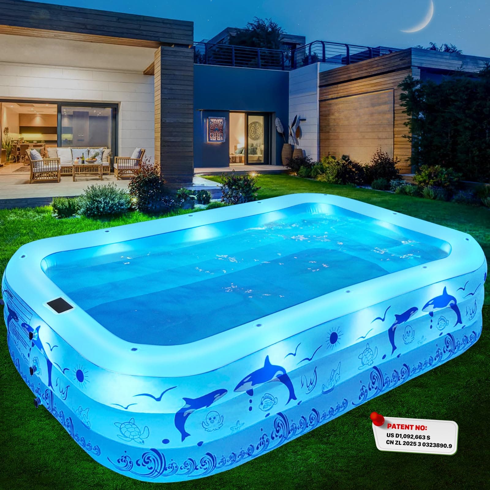 2026 Upgrade Inflatable Pools with Lights, Inflatable Swimming Pools for Adults, Blow Up Pool Solar, Large Pool, Durable Thickened Inflatable Pool for Backyard- Light Blue