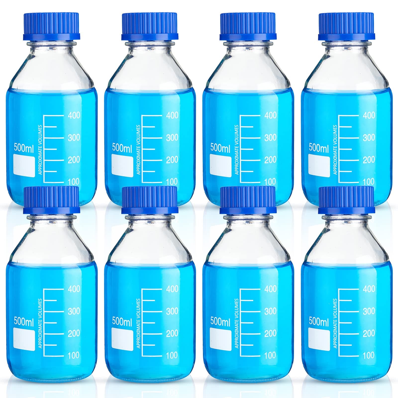 Irenare Media Storage Bottles Borosilicate Storage Glass Scientific Round Graduated Media Bottle with Blue Gl45 Screw Cap for Lab Water Reagent Liquids(500 ml,8 Pcs)