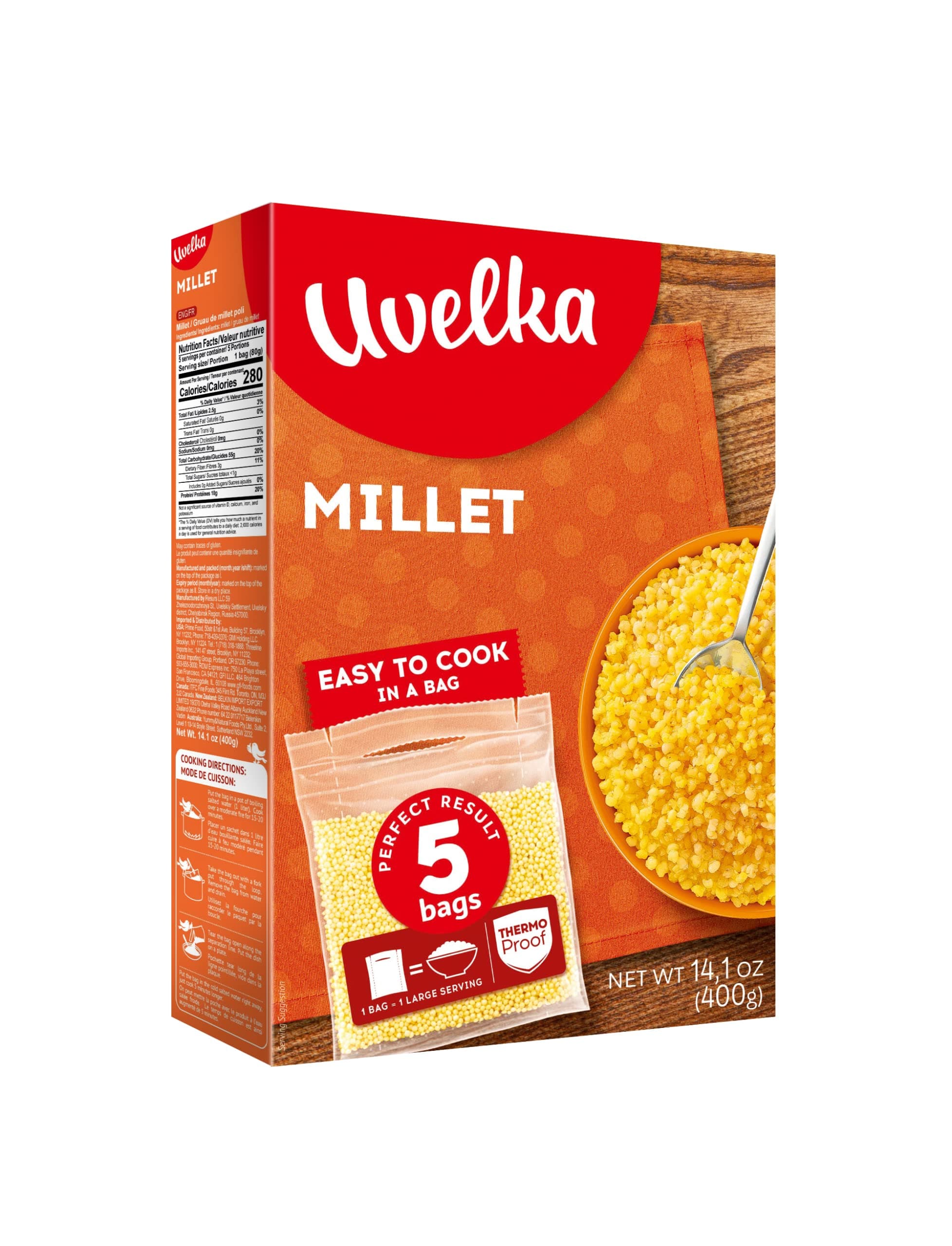 Millet Boil-in-Bag Psheno - 5x80g (14.1 oz), From Russia, Kosher, Pack of 1