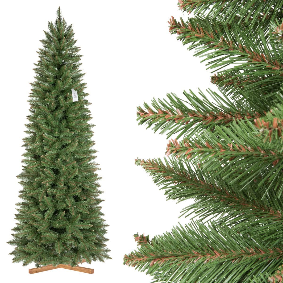 FAIRYTREES Christmas tree artificial SLIM, Natural Spruce, green trunk, PVC material, wooden stand, 7.2ft / 220cm